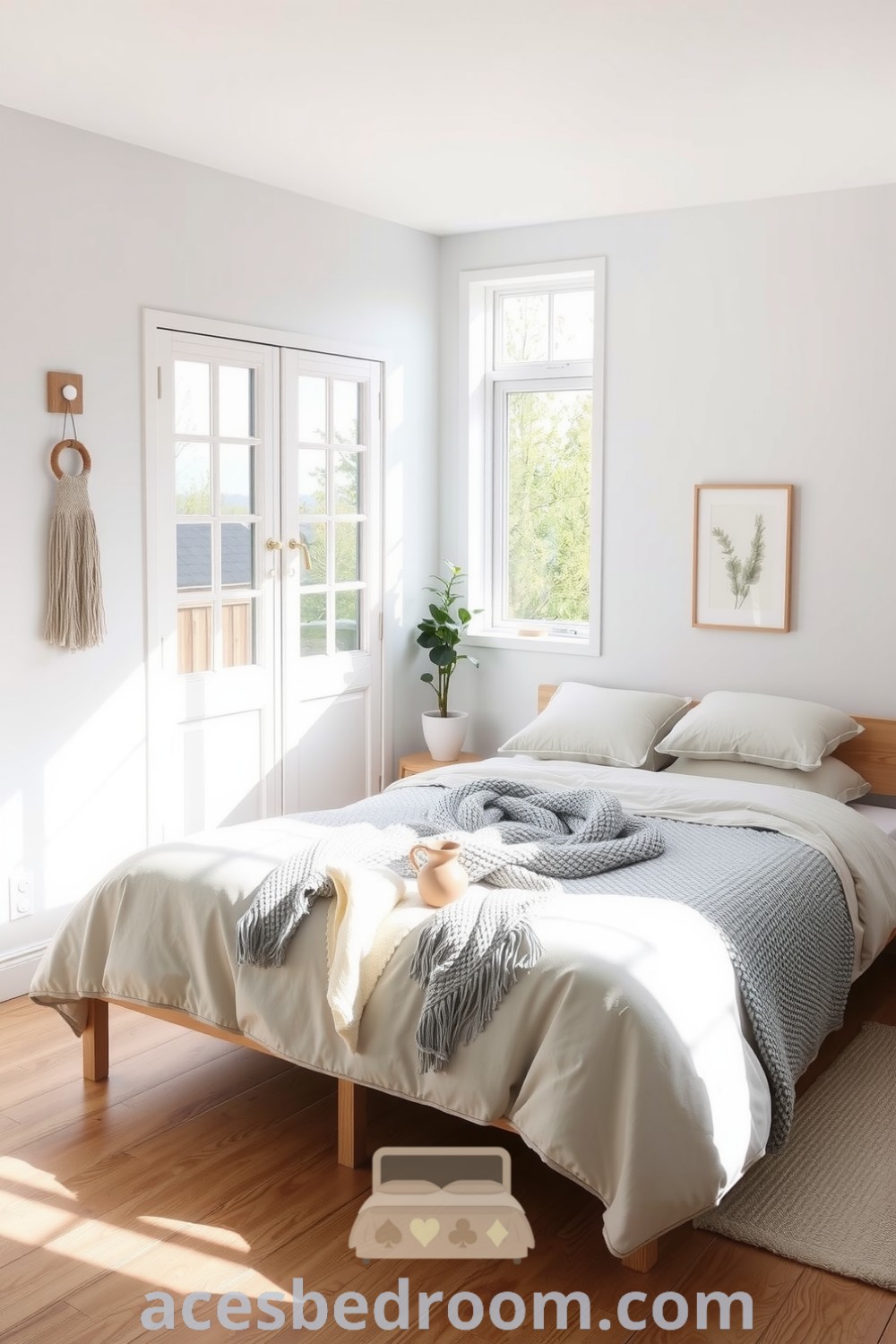 Cozy Scandinavian bedroom featuring soft white walls, light wood furnishings, a plush light grey comforter, knitted wool throw, and simple decor like potted plants and ceramic accents, designed for a warm and sophisticated look, showcased on acesbedroom.com.