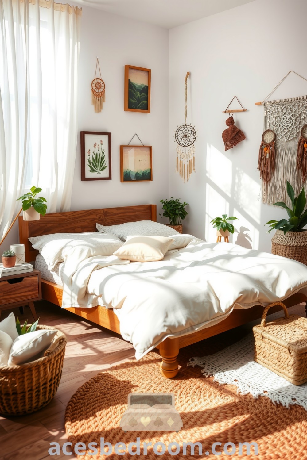 Cozy boho bedroom featuring white walls, eclectic art, oversized duvet, wooden bed frame, woven baskets with plants, macramé wall hanging, and a woven rug, creating a relaxed atmosphere displayed on acesbedroom.com.