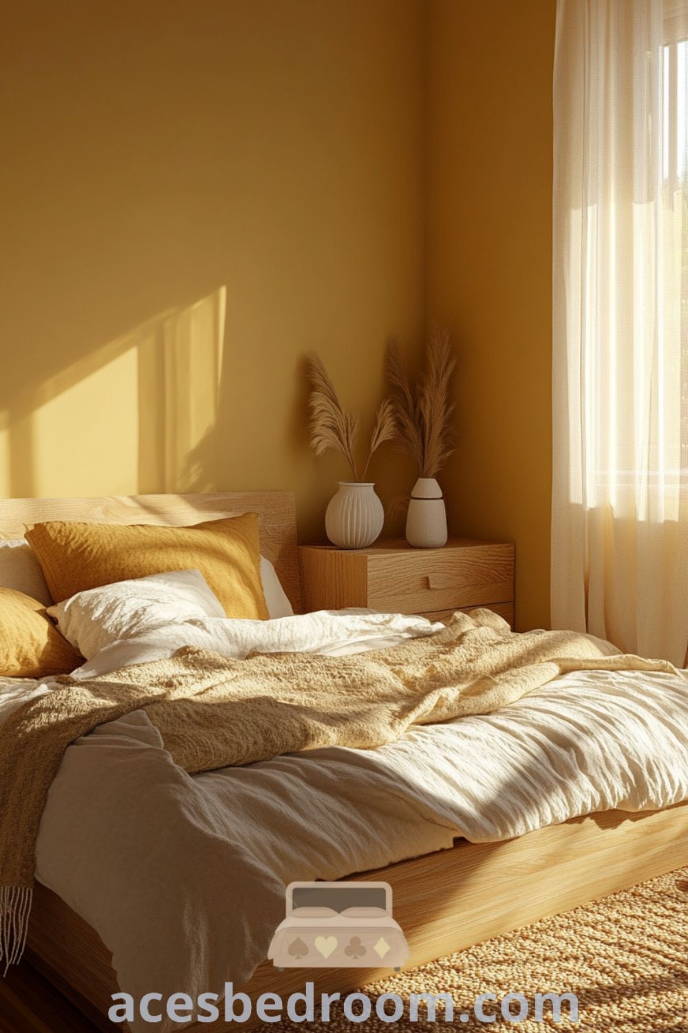 Cozy Scandinavian bedroom featuring warm yellow walls, a low wooden bed with a cream duvet, textured throws, and minimalist nightstands, exemplifying design ideas for a bright and inviting space, showcased on acesbedroom.com.