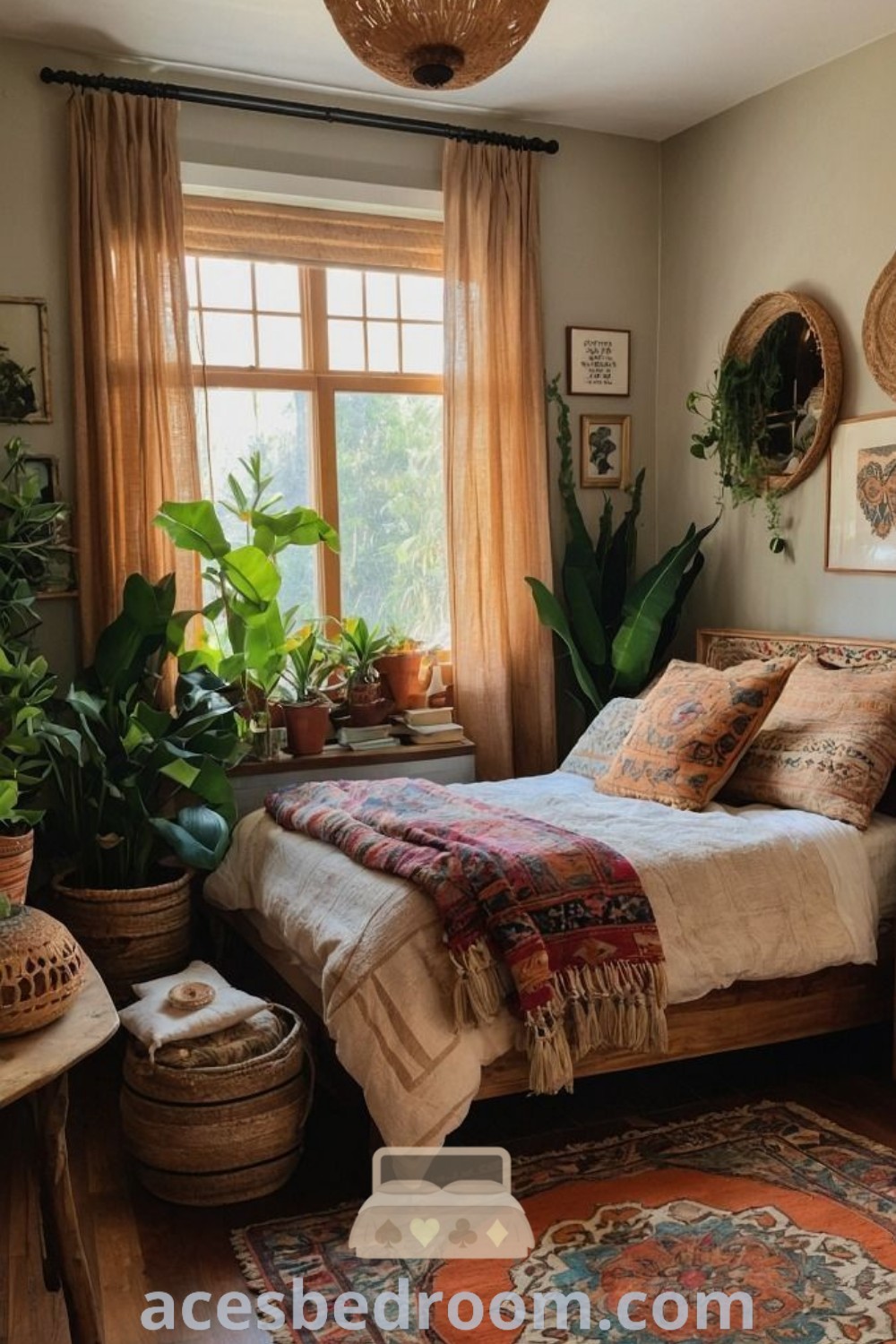 A boho bedroom with a cozy bed by a window filled with plants and potted greenery, reflecting chic bedroom decor and earthy design ideas. This inviting space offers unique inspirations for stylish apartment vibes and uni room designs, perfect for creating a warm and sophisticated look. Explore more decor ideas at acesbedroom.com.