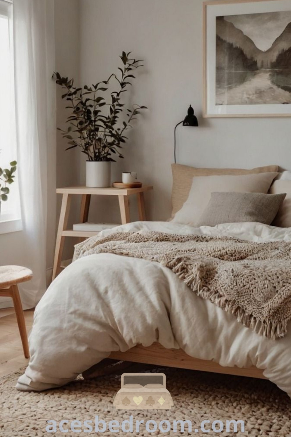A cozy Scandinavian bedroom showcasing a bed on a wooden floor next to a window, emphasizing warm decor ideas and minimalistic design inspirations. This space combines cream and wood aesthetics for a warm and sophisticated look, offering unique ideas for your home. Discover more cozy inspirations at acesbedroom.com.