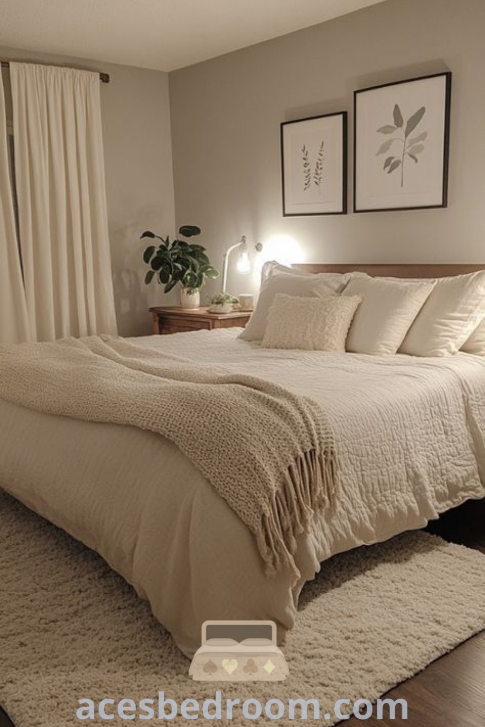 A cozy boho bedroom featuring a large bed, decorated with two pictures on the wall and hardwood floors, showcasing soft aesthetic design ideas and neutral color room decor. This inviting space offers stylish inspirations for a warm and sophisticated look. Find more decorating ideas at acesbedroom.com.