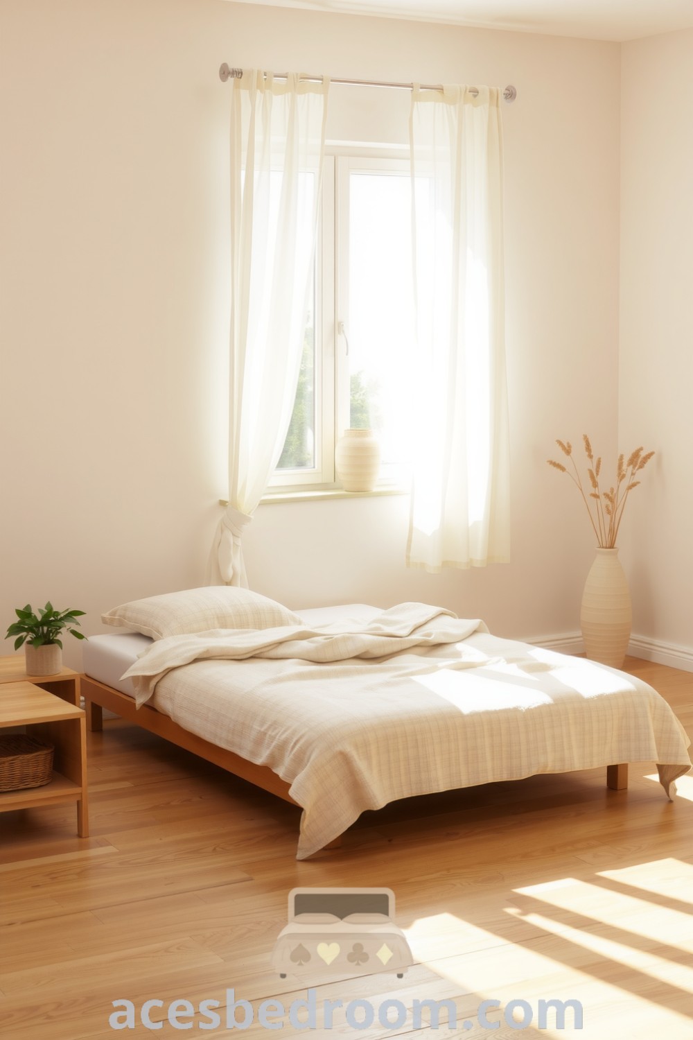 Cozy minimalist bedroom with soft beige tones, wooden bed frame, mismatched nightstands, sheer curtains, and a ceramic vase with dried flowers, creating an inviting atmosphere for a warm and sophisticated look, featured on acesbedroom.com.