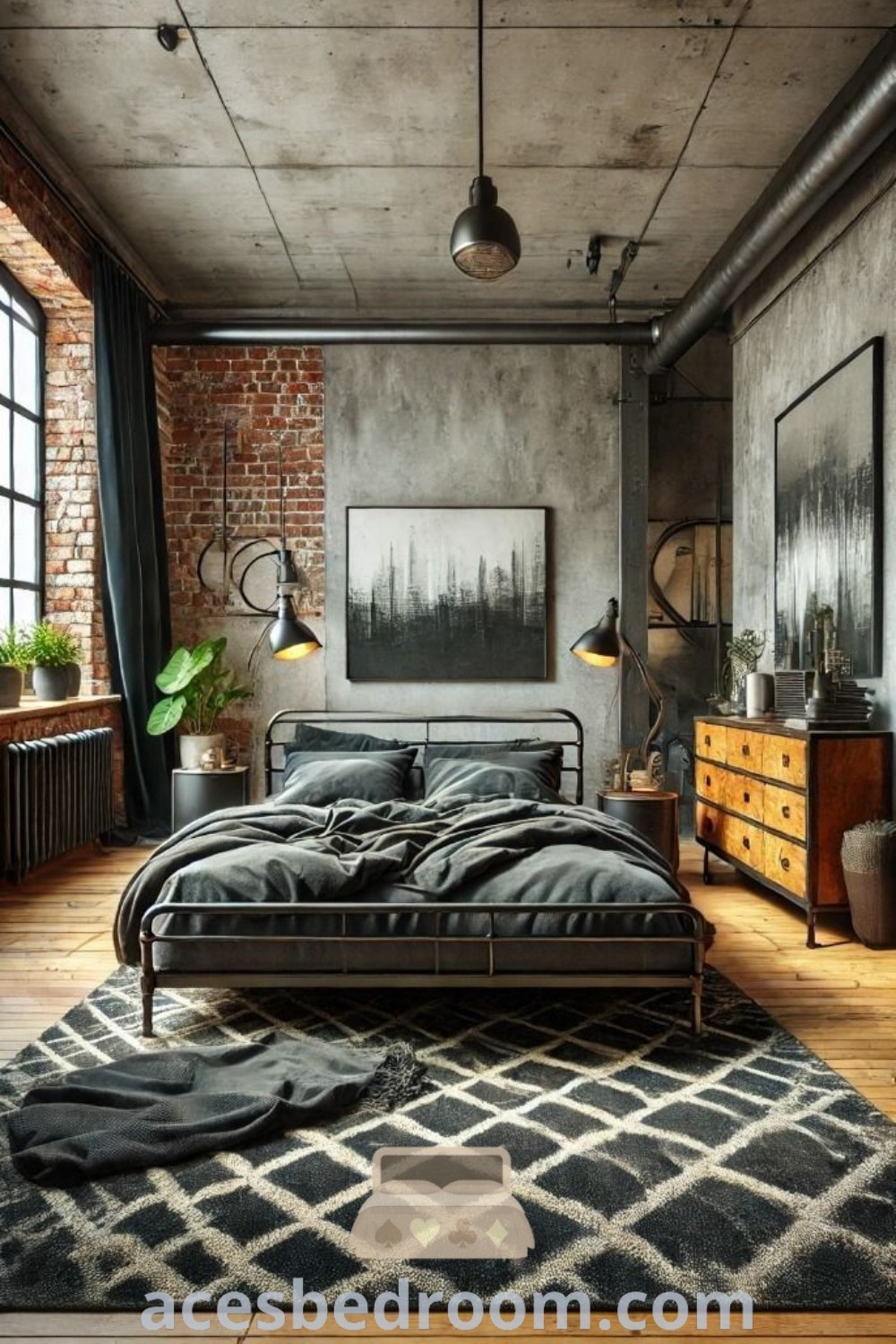 An industrial bedroom with exposed brick walls, wood flooring, and black bedding that showcases cozy design ideas and decor inspirations. This stylish industrial home design creates a warm, inviting atmosphere, offering unique ideas for your home. Discover more on acesbedroom.com.