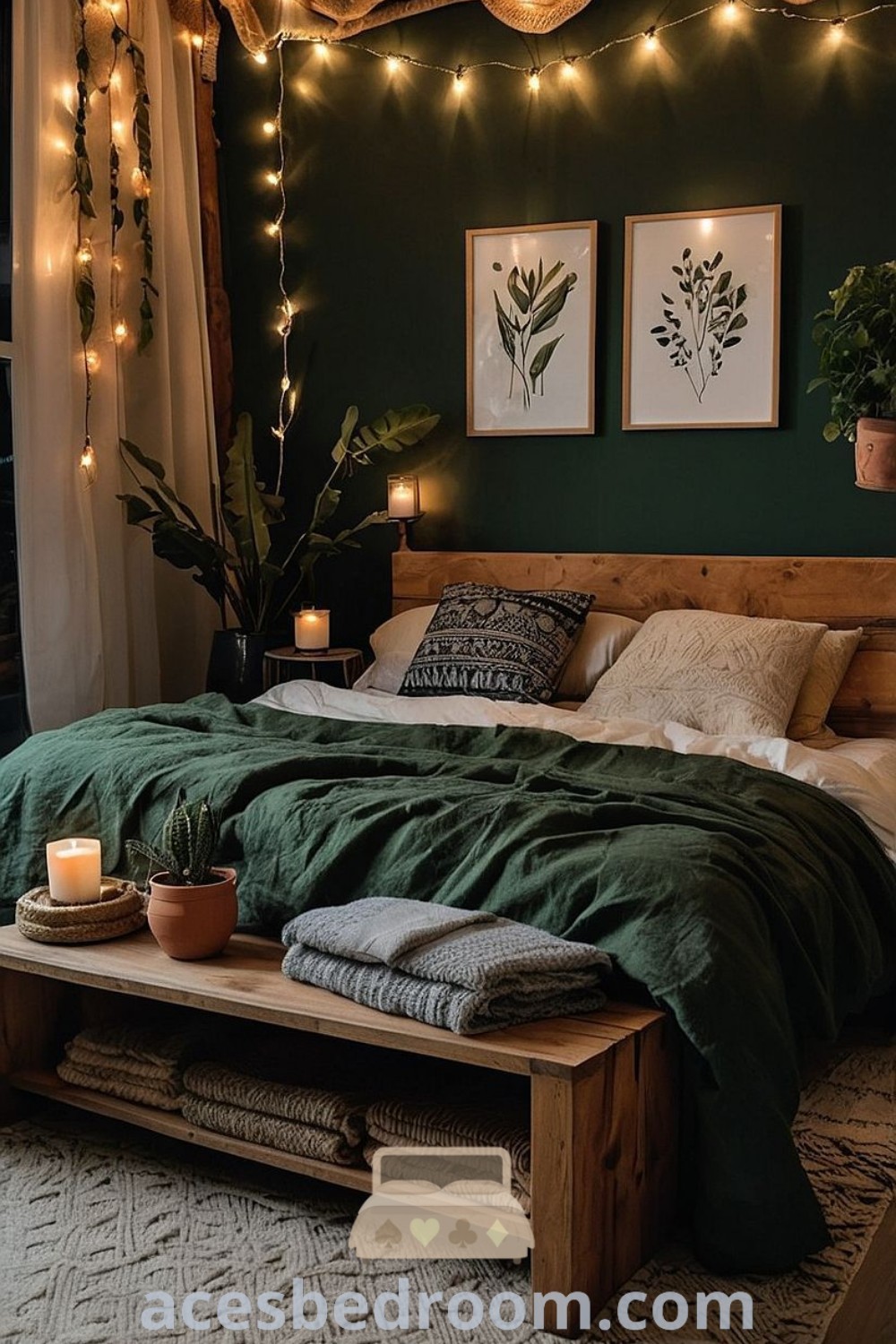 A cozy bedroom with green walls and stylish ceiling lights, showcasing a warm and sophisticated look. This inviting space features elements of boho bedroom decor, perfect for couples. Explore Ideas for Inspiration and unique design ideas to make your home a cozy sanctuary on acesbedroom.com.
