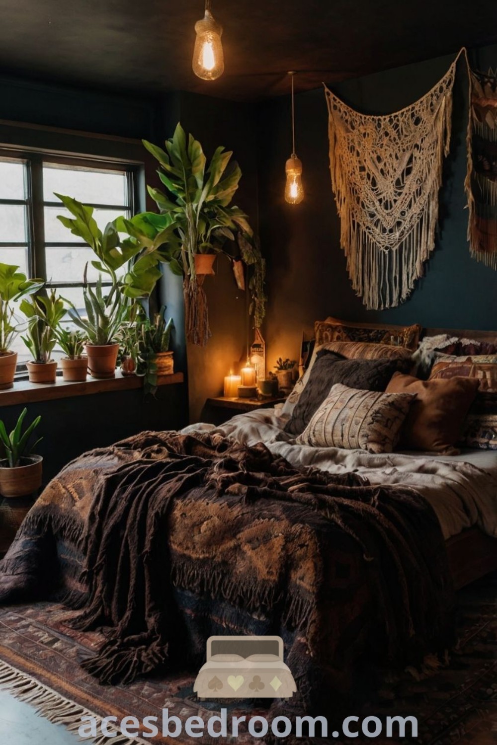 A cozy preppy aesthetic bedroom with a large bed by the window, adorned with plants on the wall, representing dark boho and girly room ideas. This decor inspires unique design ideas for your home, perfect for achieving a warm and sophisticated look. Discover more at acesbedroom.com.
