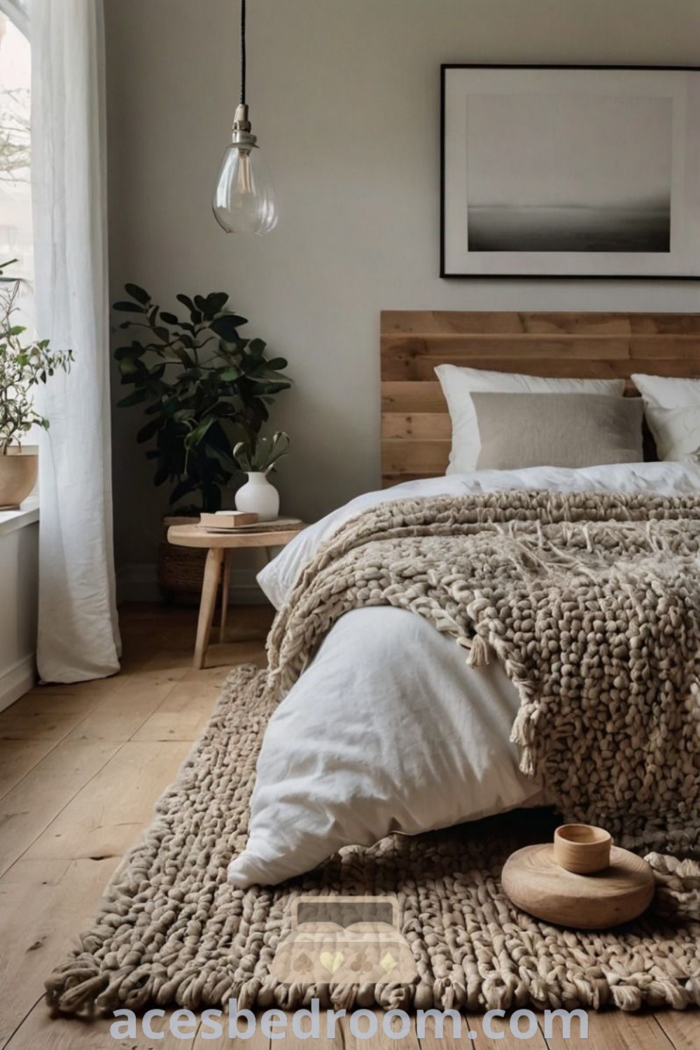 A cozy Scandinavian bedroom with a bed dressed in white linens and pillows, accented by a plant on the floor, embodying Nordic style and minimalism. Explore inspiring decor ideas for a warm and sophisticated look at acesbedroom.com.