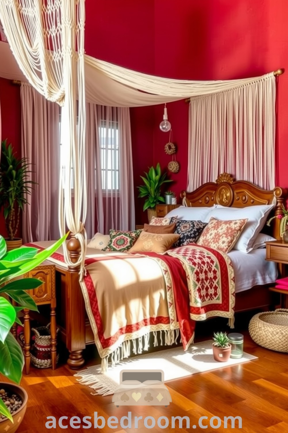 Cozy boho bedroom featuring warm red terracotta walls, a handcrafted wooden bed with quilts and throw pillows, macramé curtains, potted plants, and woven baskets, creating an inviting atmosphere, found on acesbedroom.com.