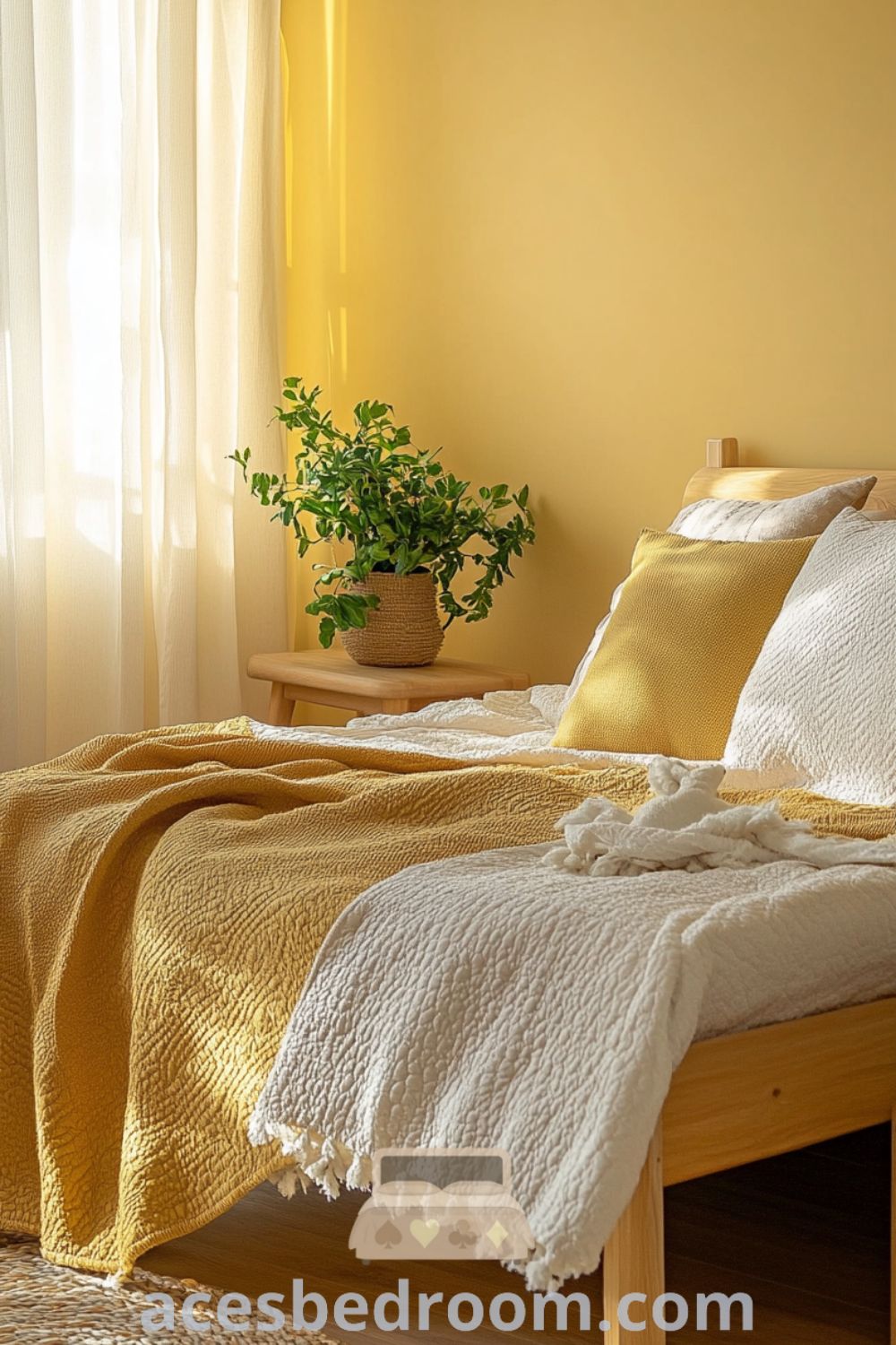 Cozy Scandinavian bedroom with yellow walls, natural wood accents, textured quilt, mustard and cream cushions, and a potted plant, creating a warm and inviting atmosphere, featured on acesbedroom.com.