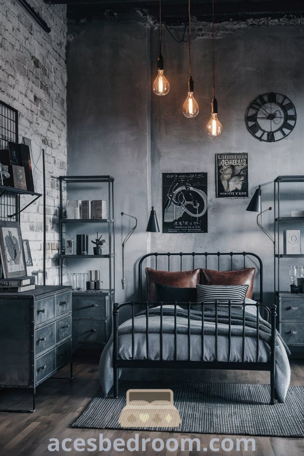 An industrial style bedroom with a black metal bed frame, exposed brick walls, and a cozy aesthetic that highlights unique design ideas for a warm and sophisticated look. Discover inspiring industrial interior design at acesbedroom.com.