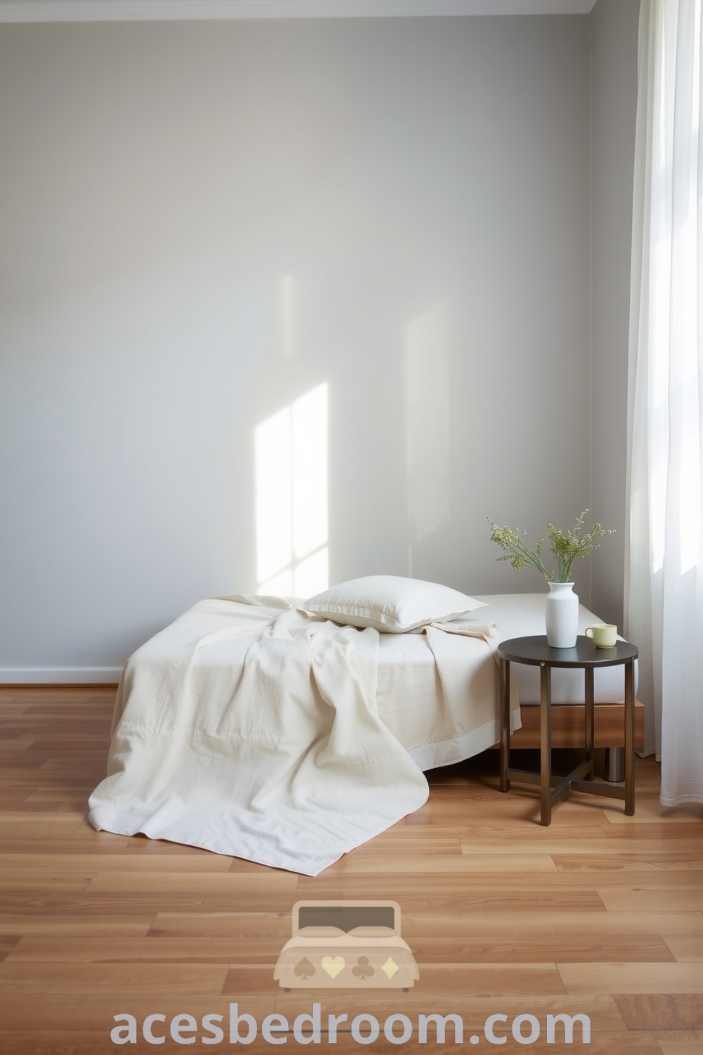 Cozy minimalist grey bedroom with soft muted walls, low-profile bed in cotton quilt, natural plank wood floor, and a brushed metal side table featuring wildflowers for a warm and inviting atmosphere, showcased on acesbedroom.com.