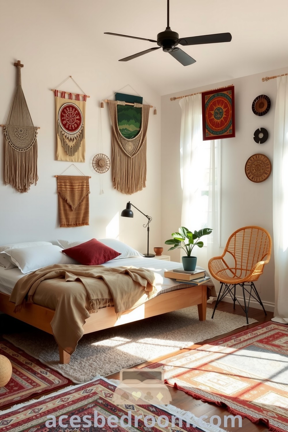 Cozy boho bedroom featuring white walls adorned with macramé and vibrant artwork, a natural wood bed frame with layered quilts, a rattan chair, and lush plants, all contributing to a tranquil ambiance, showcased on acesbedroom.com.