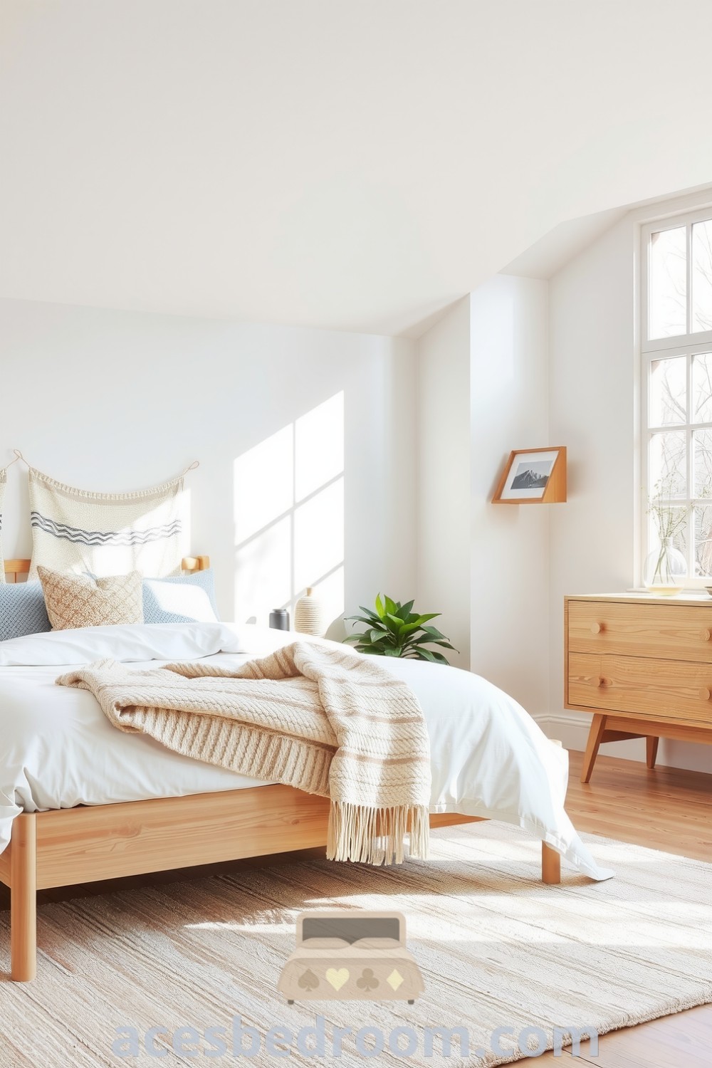 Cozy Scandinavian bedroom design featuring light wood elements, soft muted colors, cozy textiles, and indoor plants, creating an inviting atmosphere for relaxation and tranquility, showcased on acesbedroom.com.