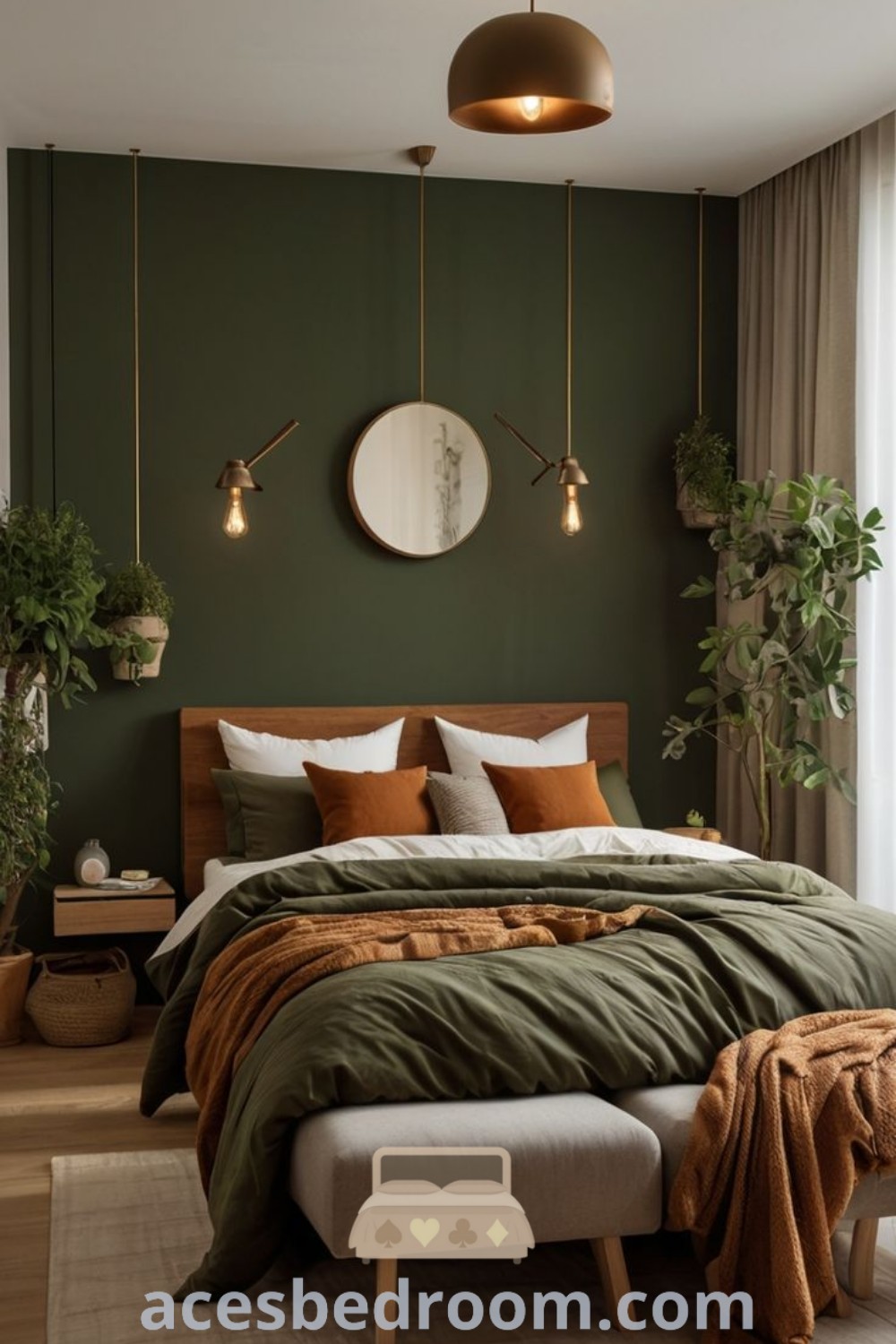 A cozy bedroom with olive green walls, a bed dressed in an army green comforter, and wooden flooring. This space showcases unique room designs and inspiring decor ideas, perfect for creating a warm and sophisticated look. Explore more design inspirations at acesbedroom.com.