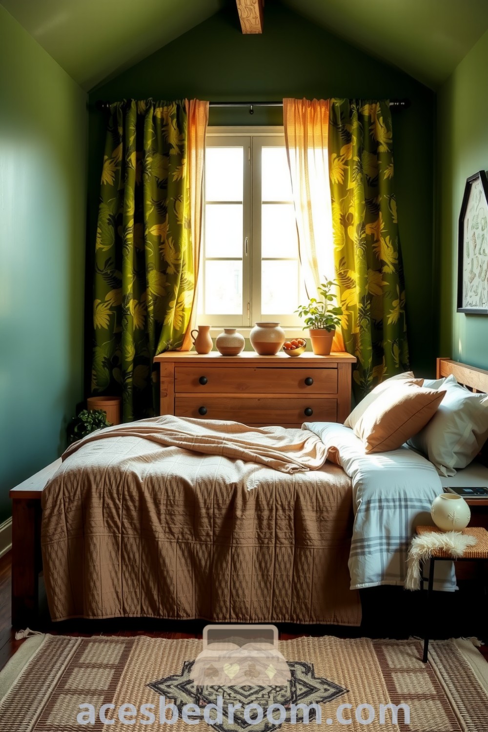 Cozy nature-inspired bedroom with green walls, oak bed frame, earthy-tone linens, potted plants, and woven rugs to create a tranquil retreat, presented on acesbedroom.com.