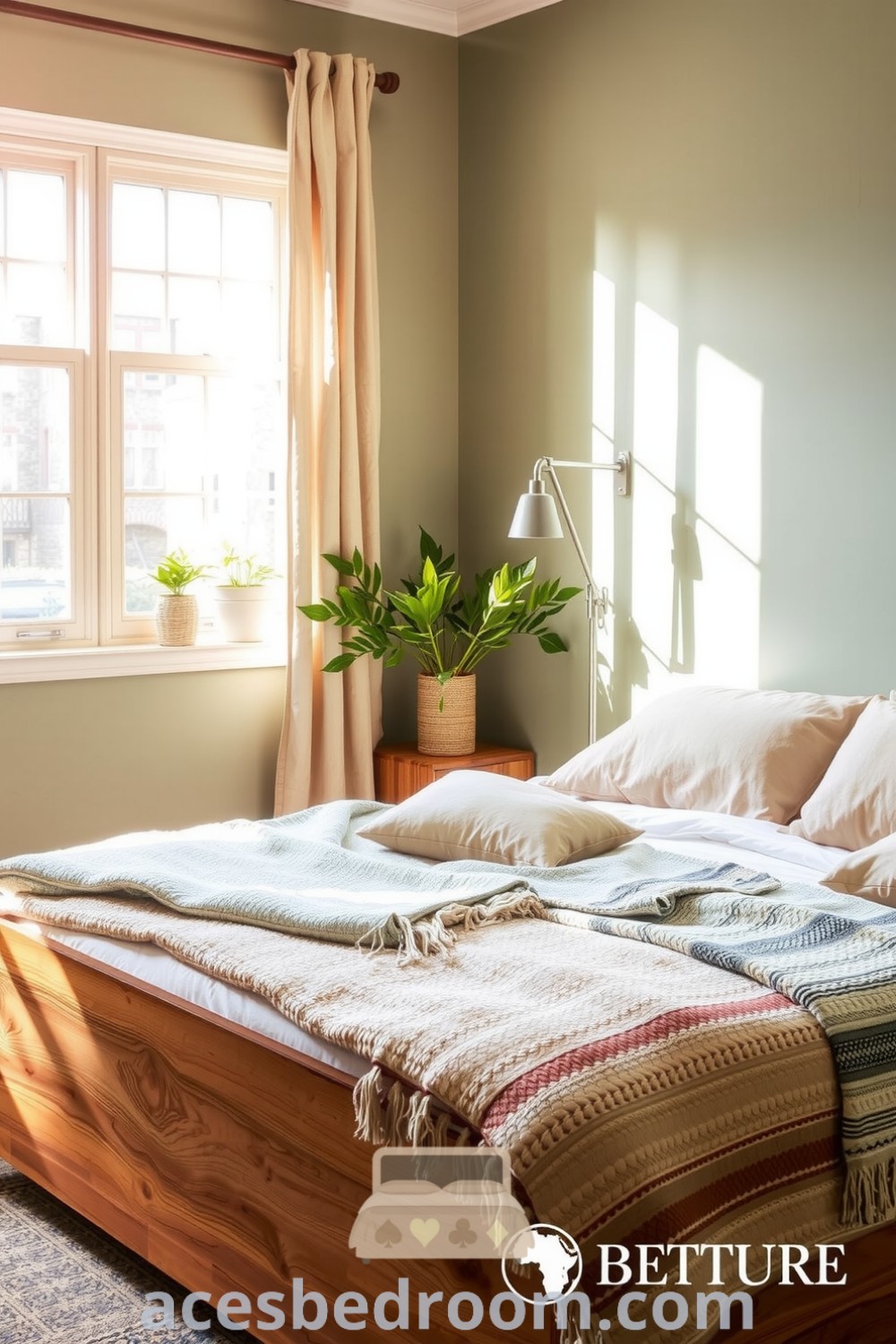 Cozy nature-inspired bedroom featuring soft sage green walls, reclaimed wood bed, woven blankets, and plants on the window sill, enhanced by sunlit linen curtains, perfect for achieving a tranquil and inviting atmosphere, showcased on acesbedroom.com.