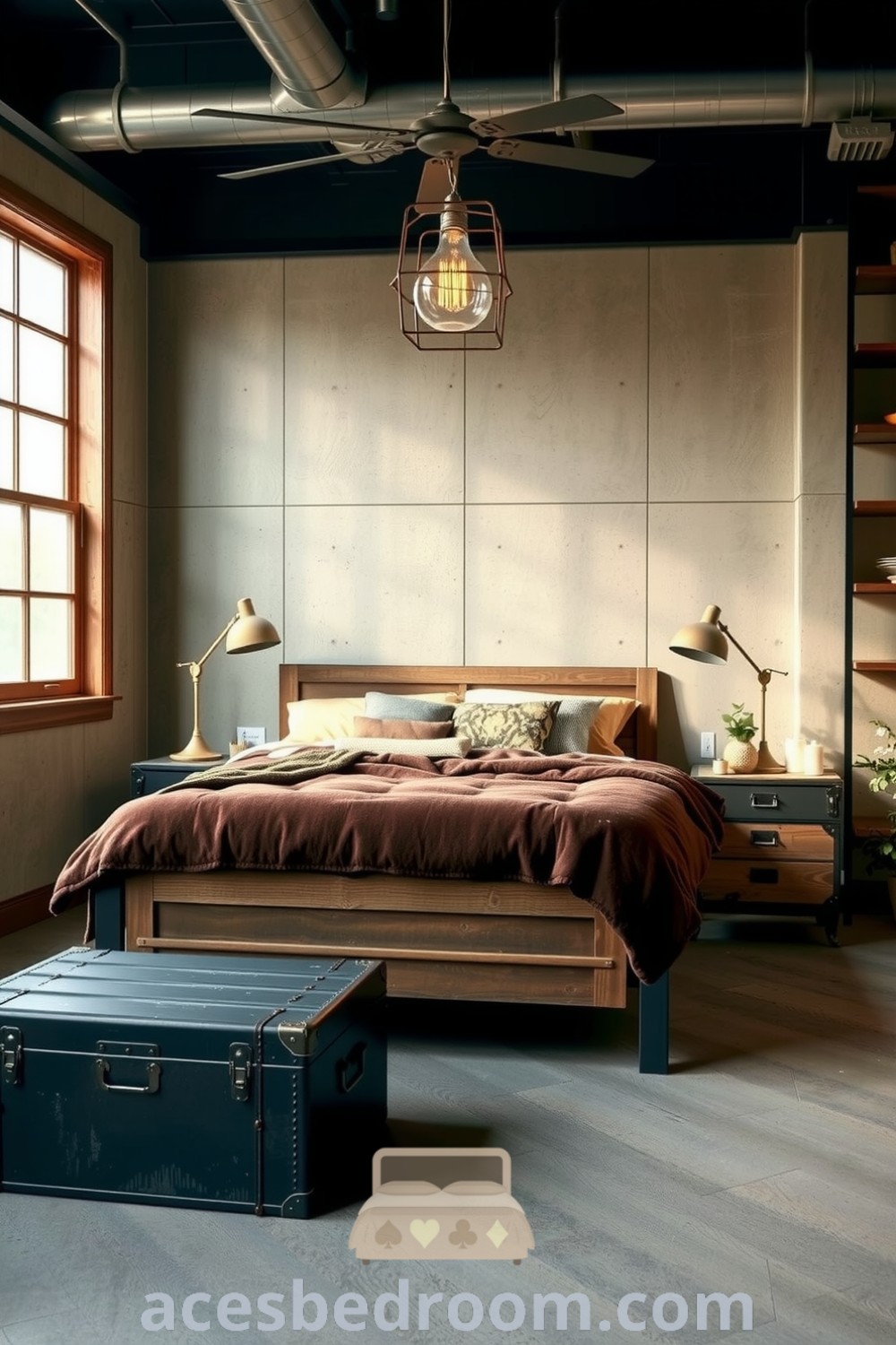 Cozy industrial bedroom with brown metal accents, a weathered wood bed frame, and textured concrete walls, featuring an oversized blanket, industrial lighting, and a vintage trunk as a bedside table, showcased on acesbedroom.com.