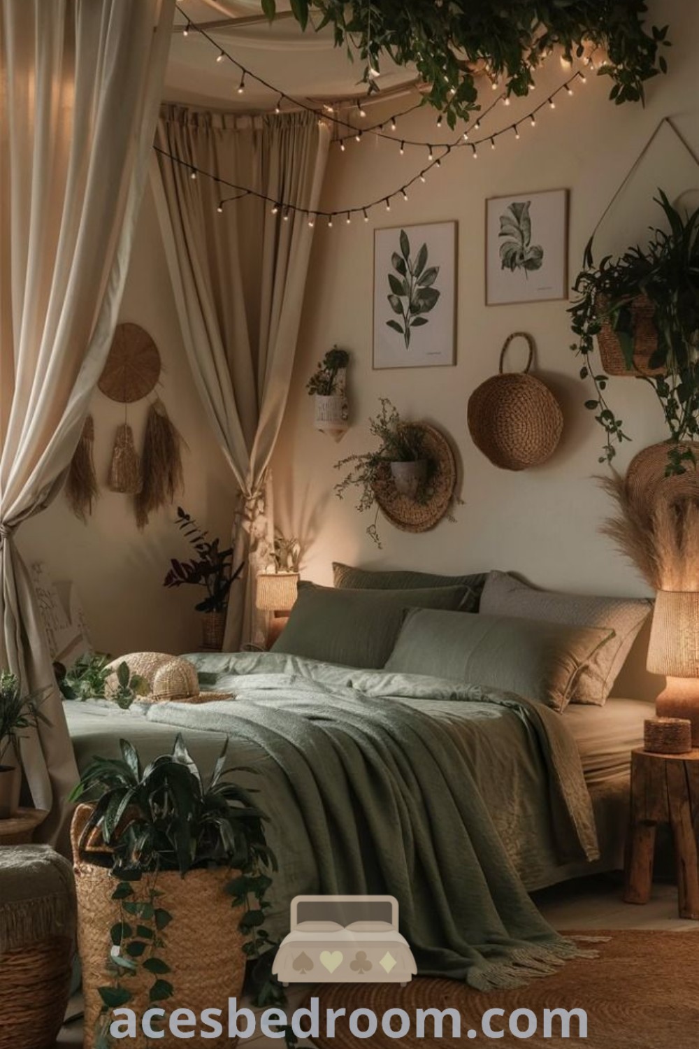 A cozy boho bedroom featuring a wooden bed frame, greenery, and ambient lights, illustrating design ideas for a stylish and inviting space. Incorporate plants and light sage decor for a sophisticated look. Explore unique decor inspirations at acesbedroom.com.