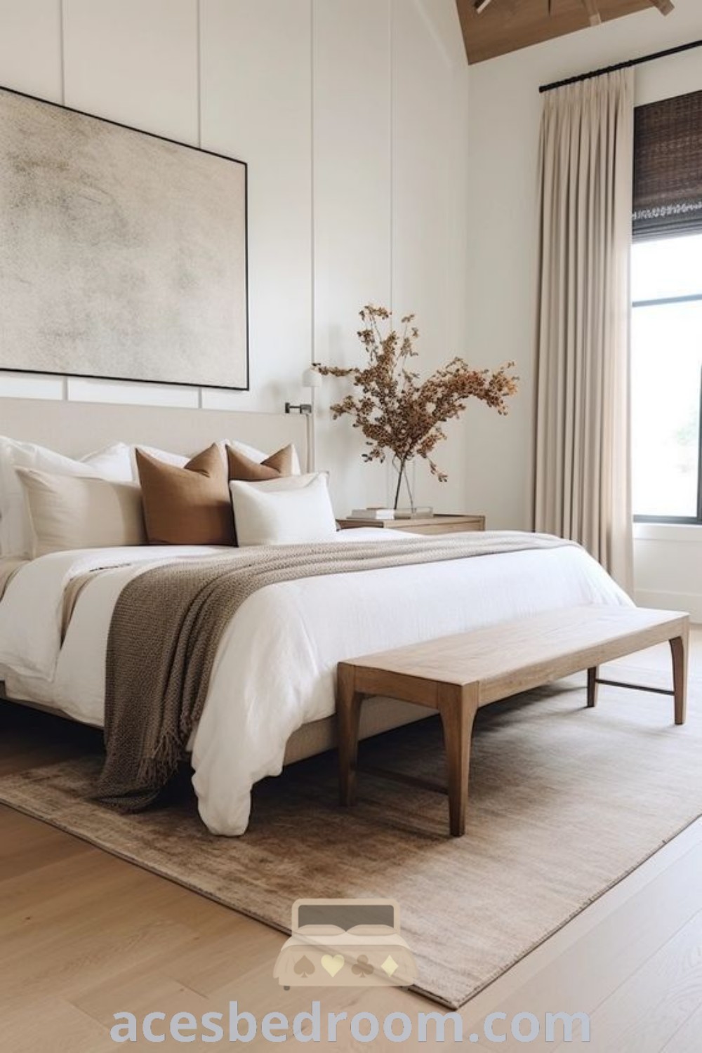 A cozy organic modern master suite with a large bed, wooden flooring, and a painting on the wall. This peaceful bedroom embodies California style and earth tones, offering unique design ideas for a warm and sophisticated look. Explore more decor inspirations at acesbedroom.com.