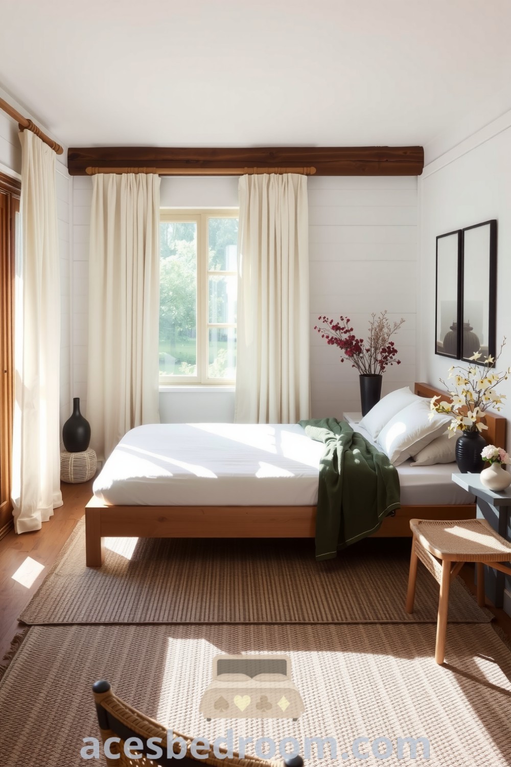 Cozy Japandi bedroom featuring white-washed walls, natural oak low-profile bed with minimalist linens, textured woven rug, and soft sunlight through linen curtains, showcasing decor ideas for a warm and sophisticated look on acesbedroom.com.