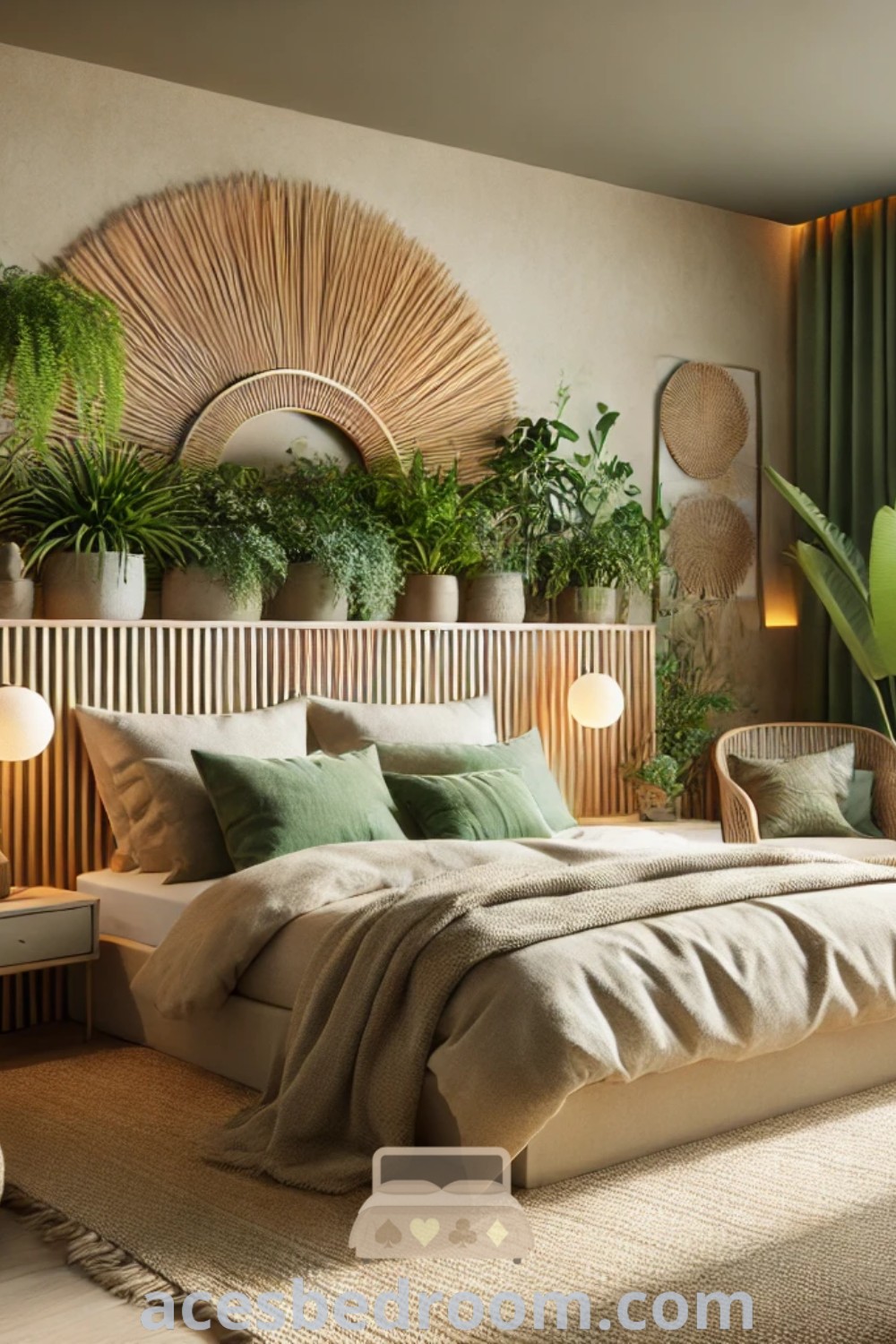 A beautifully designed Thai-style bedroom with a large bed surrounded by green plants, showcasing a tropical theme. This modern bedroom design emphasizes cozy aesthetics and functional decor ideas for creating a relaxing atmosphere. Discover more decor inspirations at acesbedroom.com.