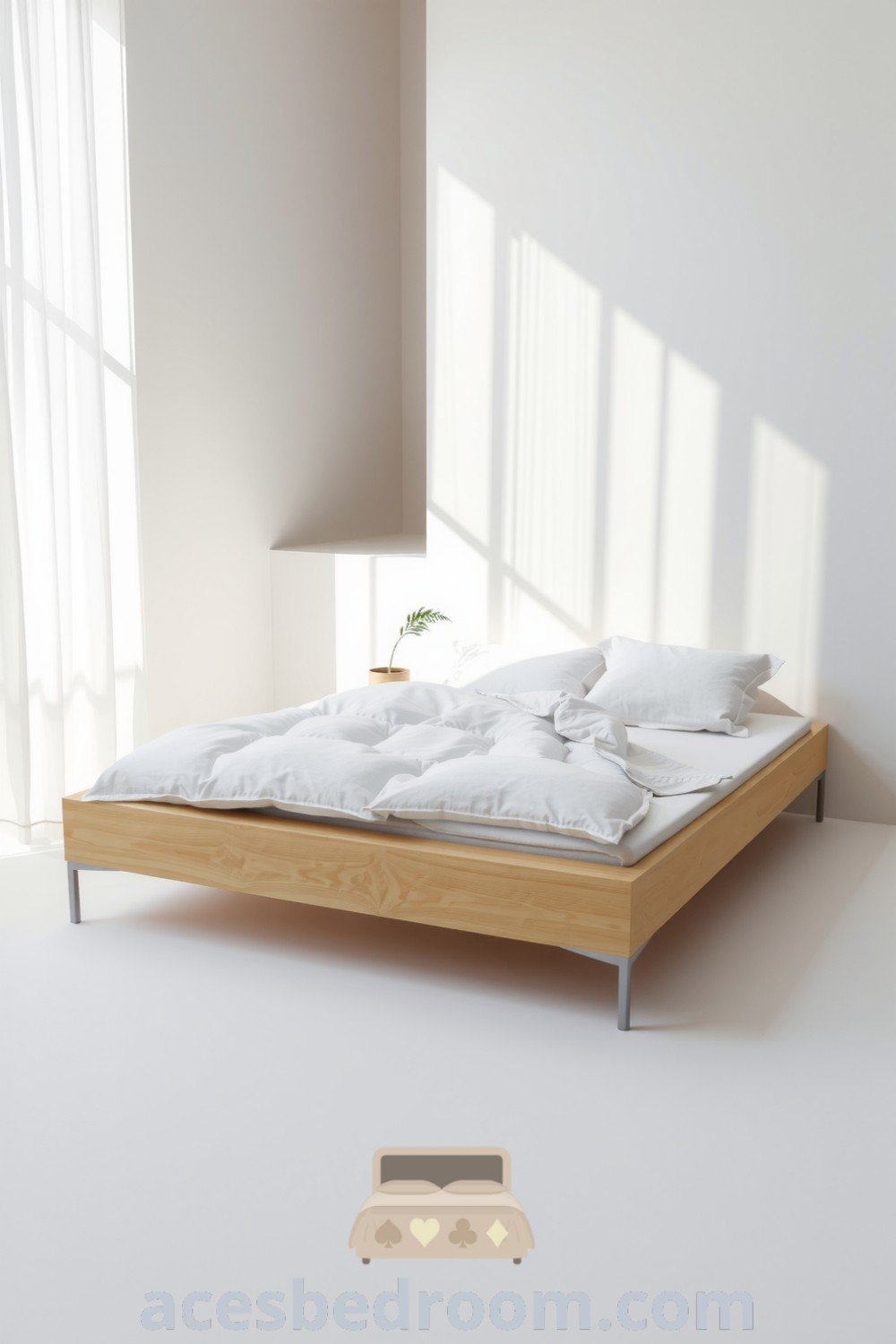 Cozy minimalist bedroom featuring white walls, a light wood platform bed, soft white bedding, and a potted plant, illuminated by sunlight through sheer curtains, showcasing design ideas to create a calm atmosphere, presented on acesbedroom.com.