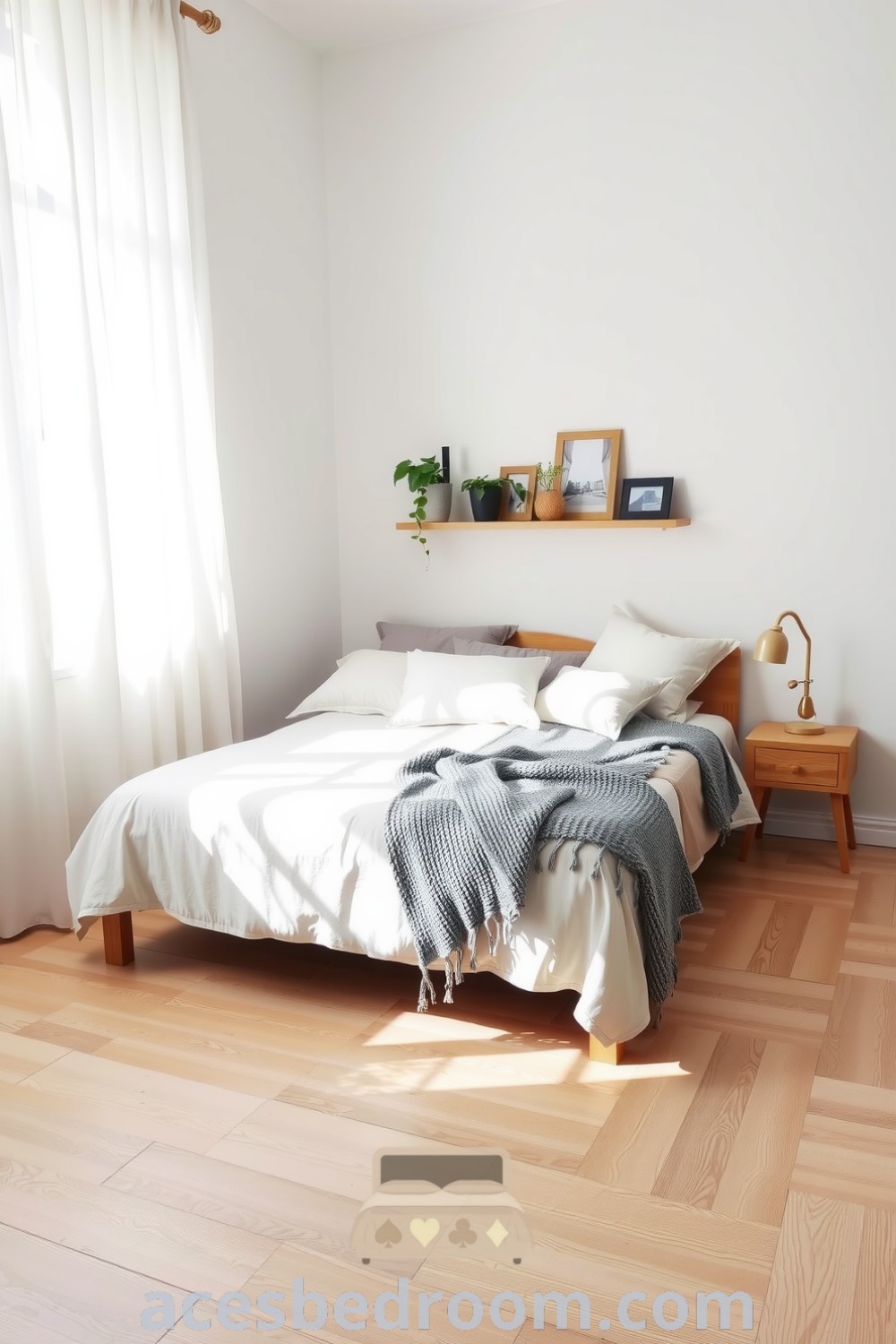 Cozy Scandinavian bedroom with white walls, a light oak floor, natural cotton bedding, and a grey wool throw. Features handcrafted wooden shelves with greenery and photographs, highlighted by soft sunlight filtering through sheer curtains, showcasing design ideas for a warm and sophisticated look on acesbedroom.com.