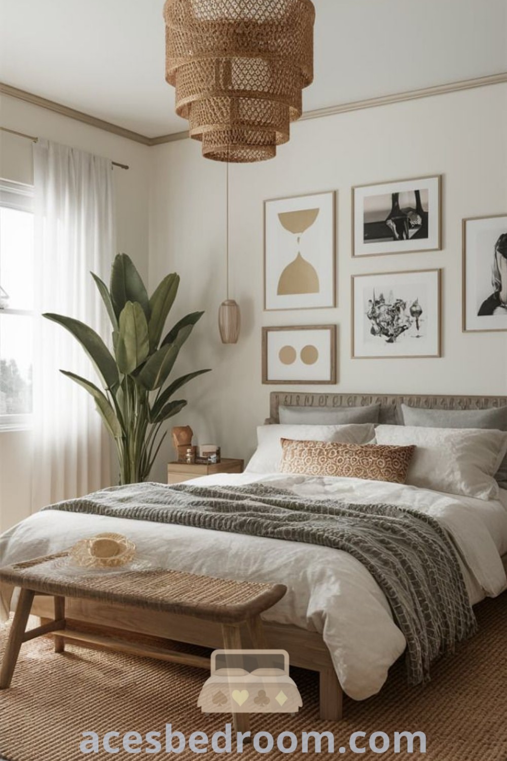 A vibrant boho bedroom with white walls, cozy white furniture, and pictures above the bed, complemented by a stylish bench. This design embodies cozy aesthetic inspirations and offers diverse decorating ideas for a calm and sophisticated look. Find more unique ideas at acesbedroom.com.