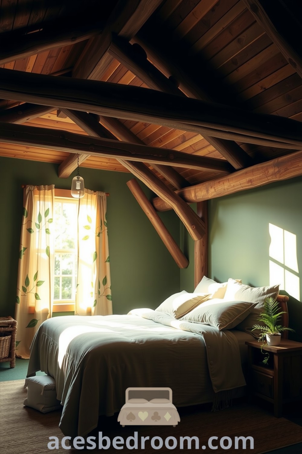 Cozy nature bedroom featuring weathered wood beams, earthy tones, natural linen bedding, and a potted fern on a rustic nightstand, creating a tranquil atmosphere, showcased on acesbedroom.com.
