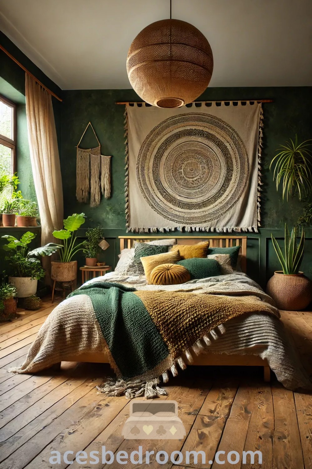 A dark green boho bedroom featuring green walls, wooden floors, and a large tapestry above the bed, showcasing cozy decor ideas and design inspirations for a stylish, tranquil home. Explore more at acesbedroom.com.