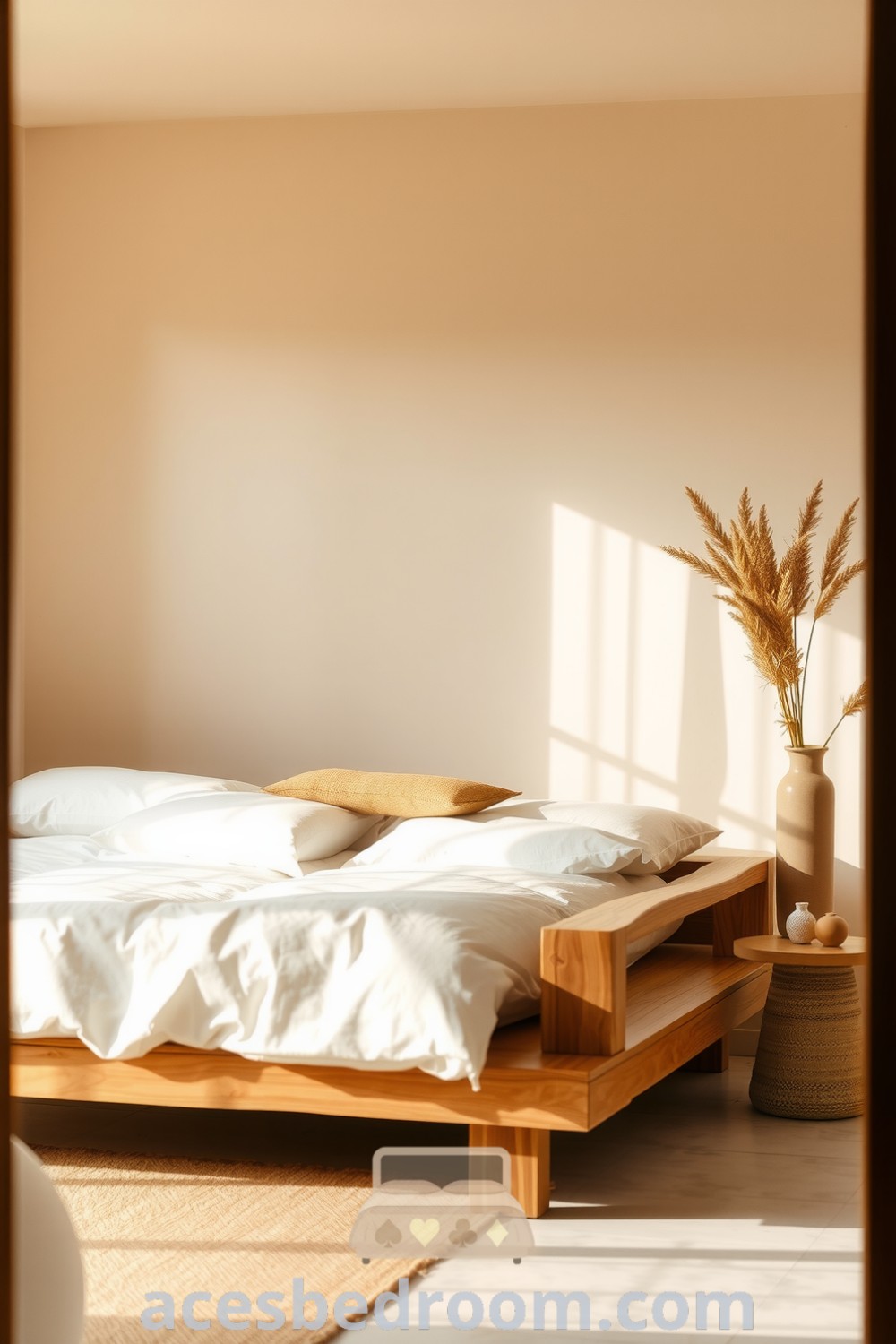 Cozy Japandi bedroom featuring beige walls, a low reclaimed timber bed, plush cotton duvet, woven textiles, a minimalist bedside table with a ceramic vase, and sheer linen curtains creating a serene atmosphere, showcased on acesbedroom.com.