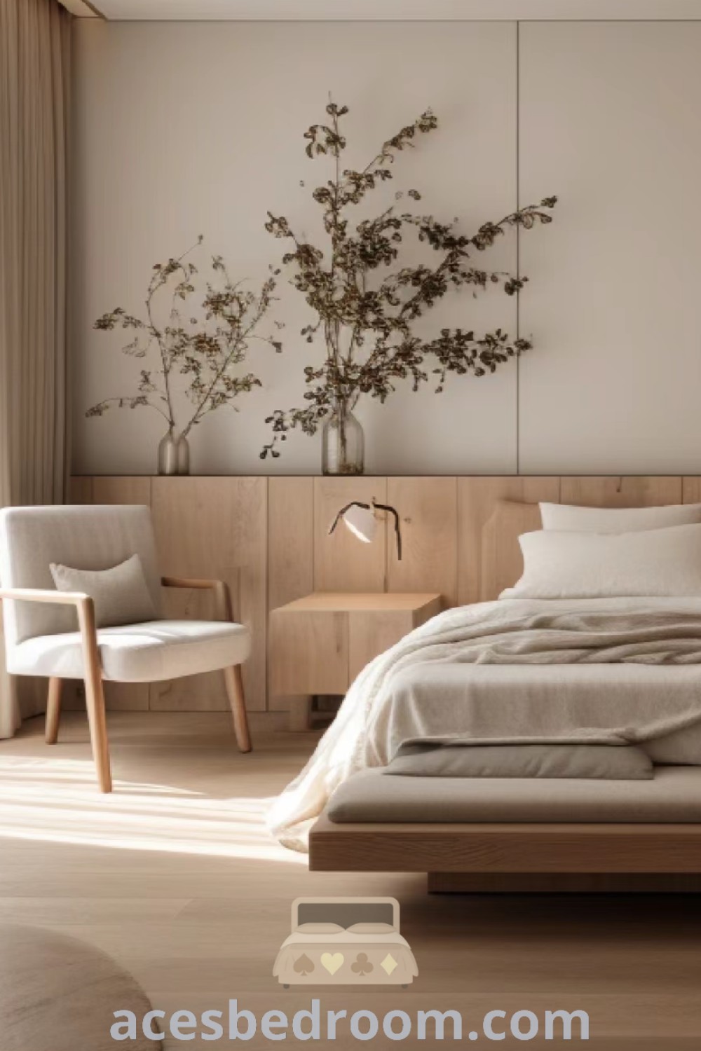 A large bed in a Muji style bedroom next to a white chair on wooden flooring, showcasing Japandi design trends for a cozy and sophisticated look. This space is designed for tranquility and warmth, embodying decor inspirations and unique ideas for your home at acesbedroom.com.