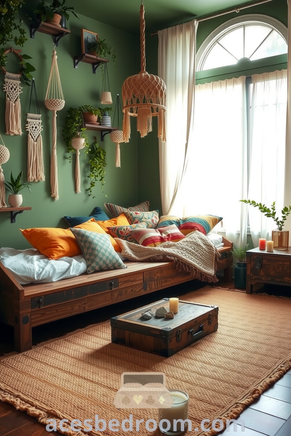 Cozy boho bedroom featuring green walls, macramé hangings, vibrant cushions, plants on wooden shelves, and soft light filtering through gauzy curtains, presented on acesbedroom.com.