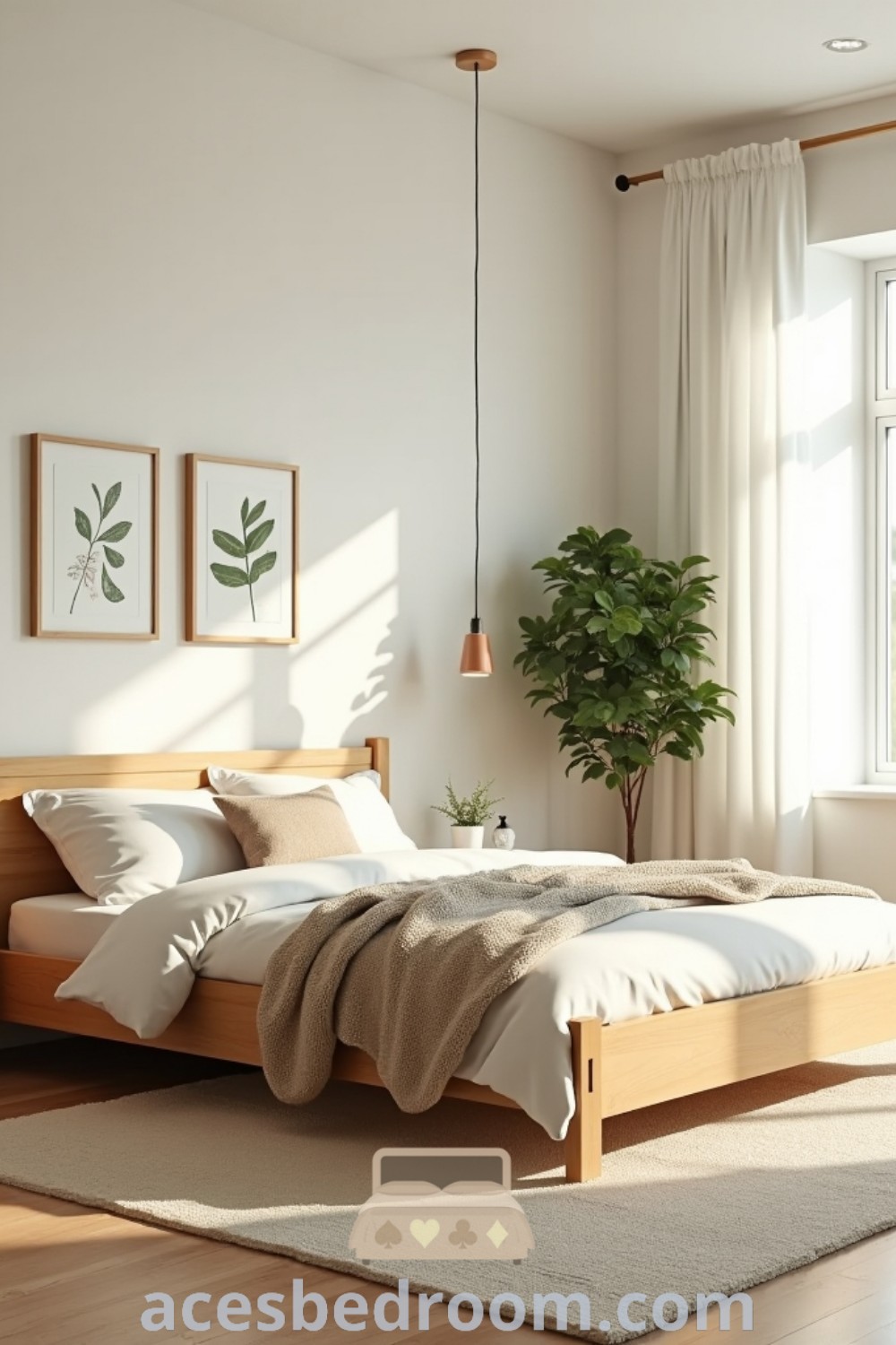 A cozy bedroom with a neatly made bed beside a window and a potted plant, showcasing stylish ideas for small room design and inviting decor inspirations. This calming bedroom emphasizes the cozy aesthetic, providing unique ideas for your home at acesbedroom.com.