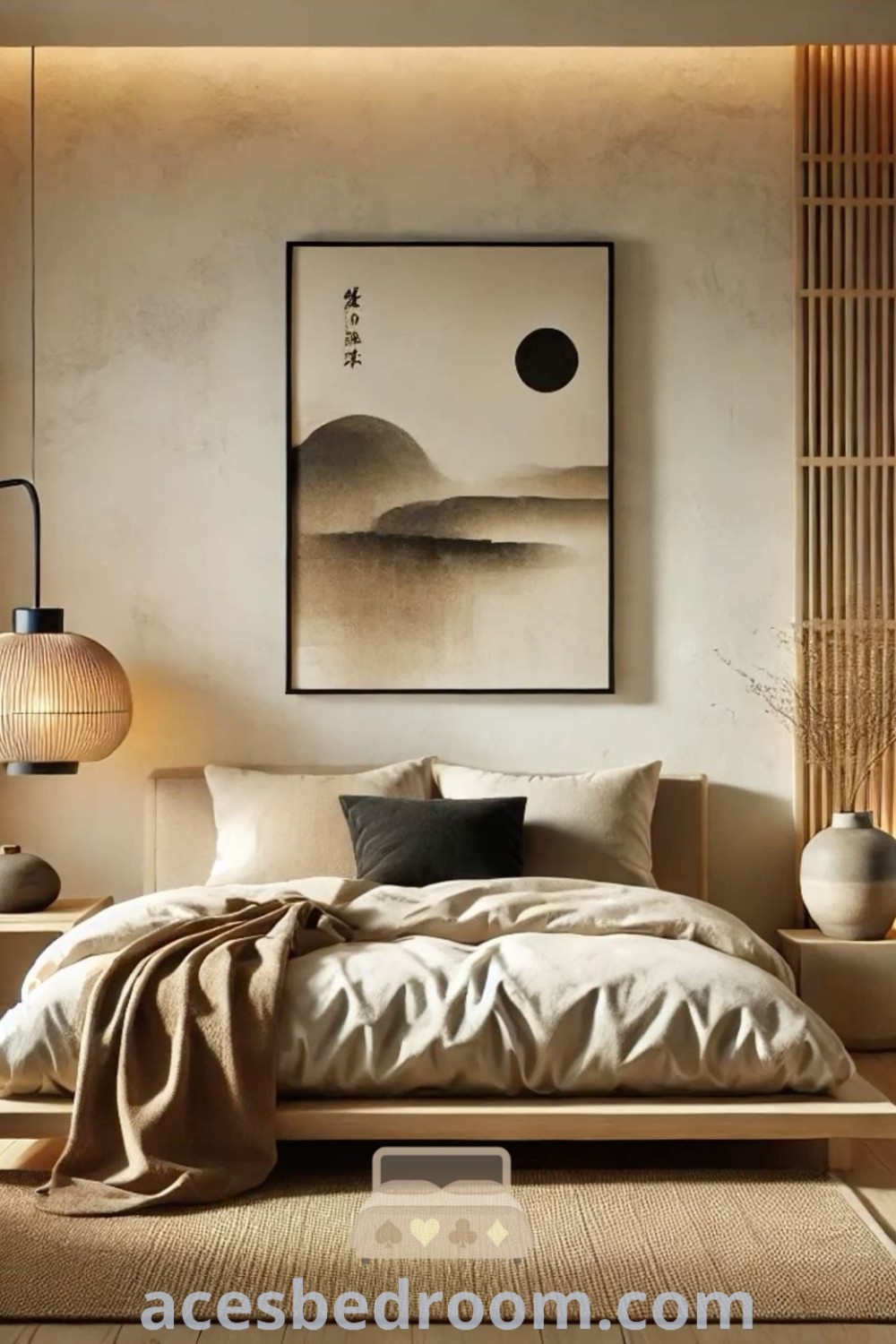 A minimalist Japanese-inspired bedroom featuring a cozy bed on a wooden floor beside a window, showcasing Wabi Sabi design elements. This inspiring space highlights Japandi room decor with its unique blend of styles, perfect for creating a warm and sophisticated atmosphere. Explore more ideas for your home at acesbedroom.com.
