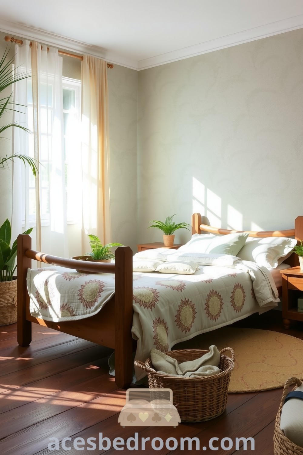 Cozy nature-inspired bedroom featuring soft green and beige decor, a wooden bed frame, organic cotton quilt, and potted plants, with natural light filtering through sheer curtains, designed to create a tranquil ambiance, showcased on acesbedroom.com.