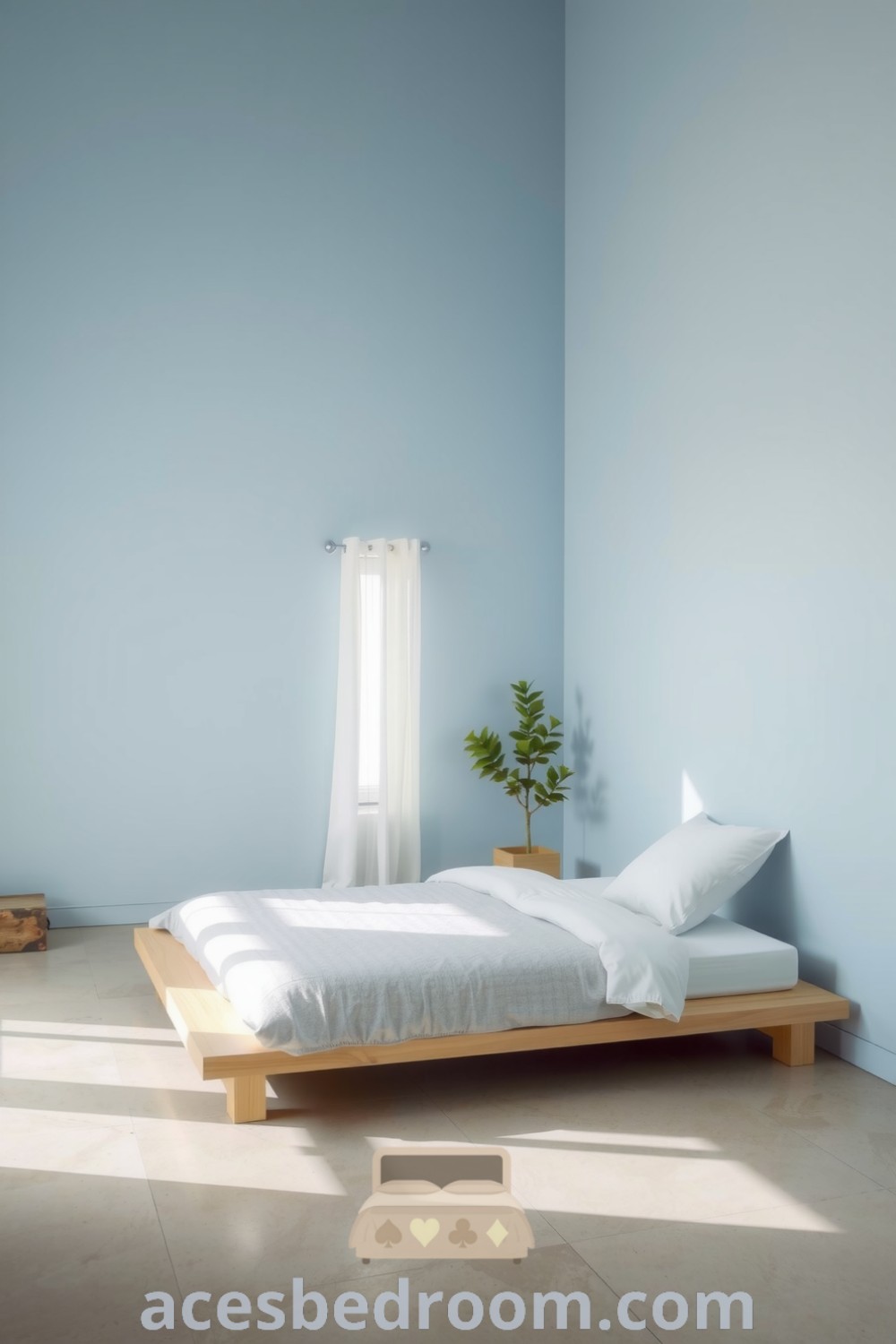 Cozy minimalist bedroom featuring soft blue walls, a low wooden platform bed, lightweight linens in white and gray, polished concrete floors, and a potted plant, perfect for creating a serene and inviting atmosphere, highlighted on acesbedroom.com.