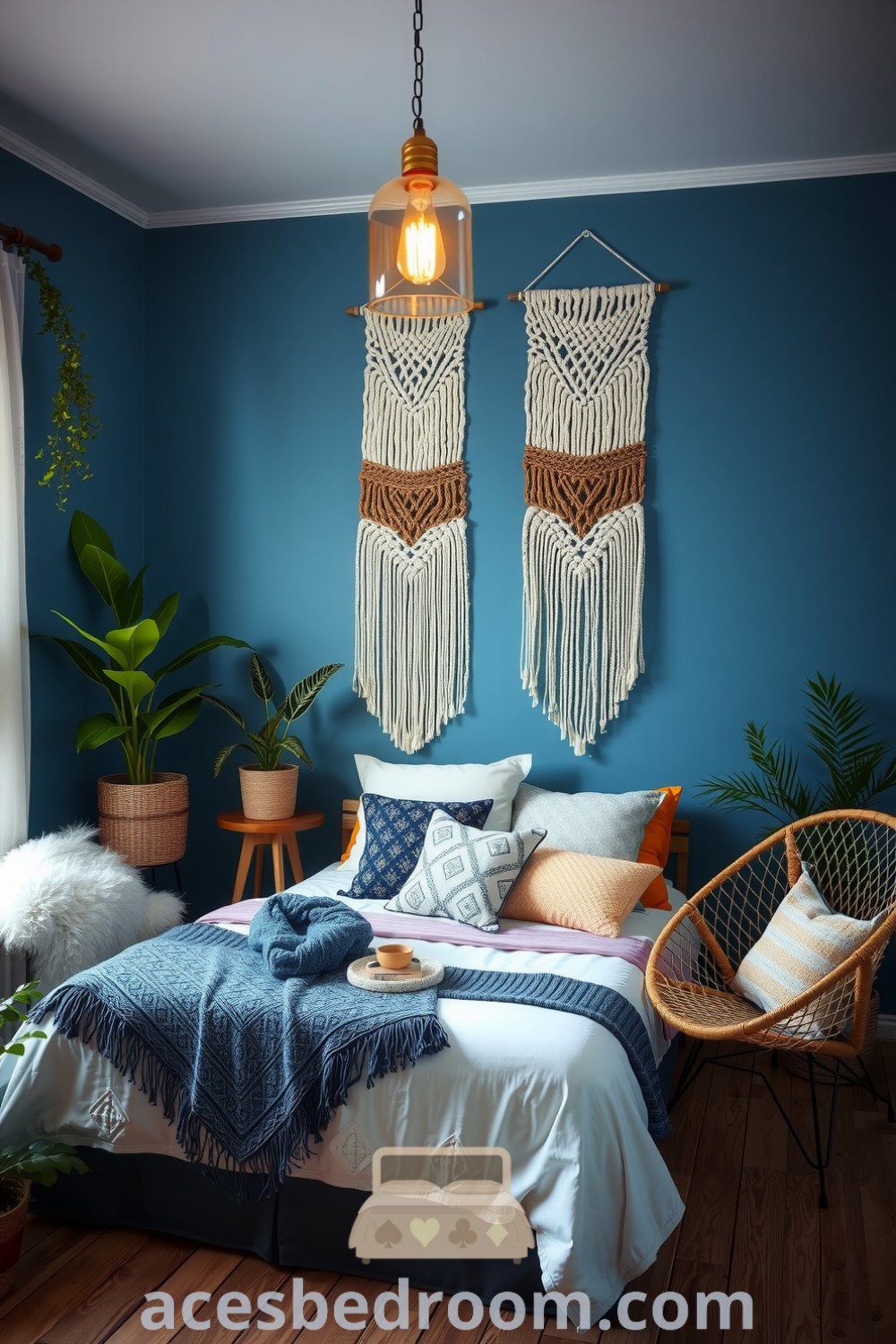 Cozy boho bedroom with calming blue walls, macramé wall hangings, inviting bed with patterned pillows, rattan chair, potted plants, and warm pendant lighting, showcased on acesbedroom.com.