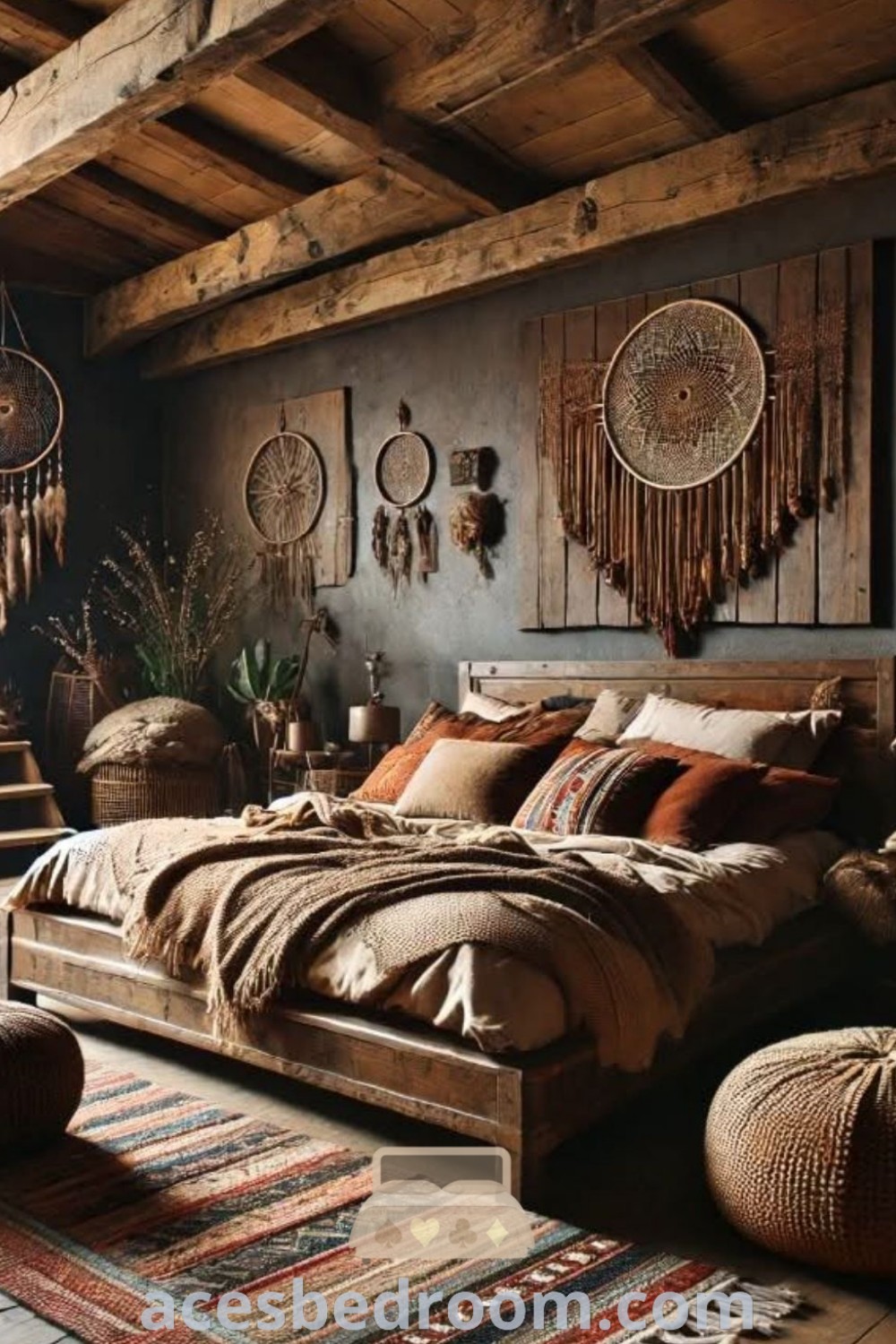 A cozy bedroom with a wooden floor, featuring a pallet bed and a rug, showcasing Bohemian decor inspirations that combine stylish comfort for a warm and inviting atmosphere. Explore more unique ideas for your home at acesbedroom.com.