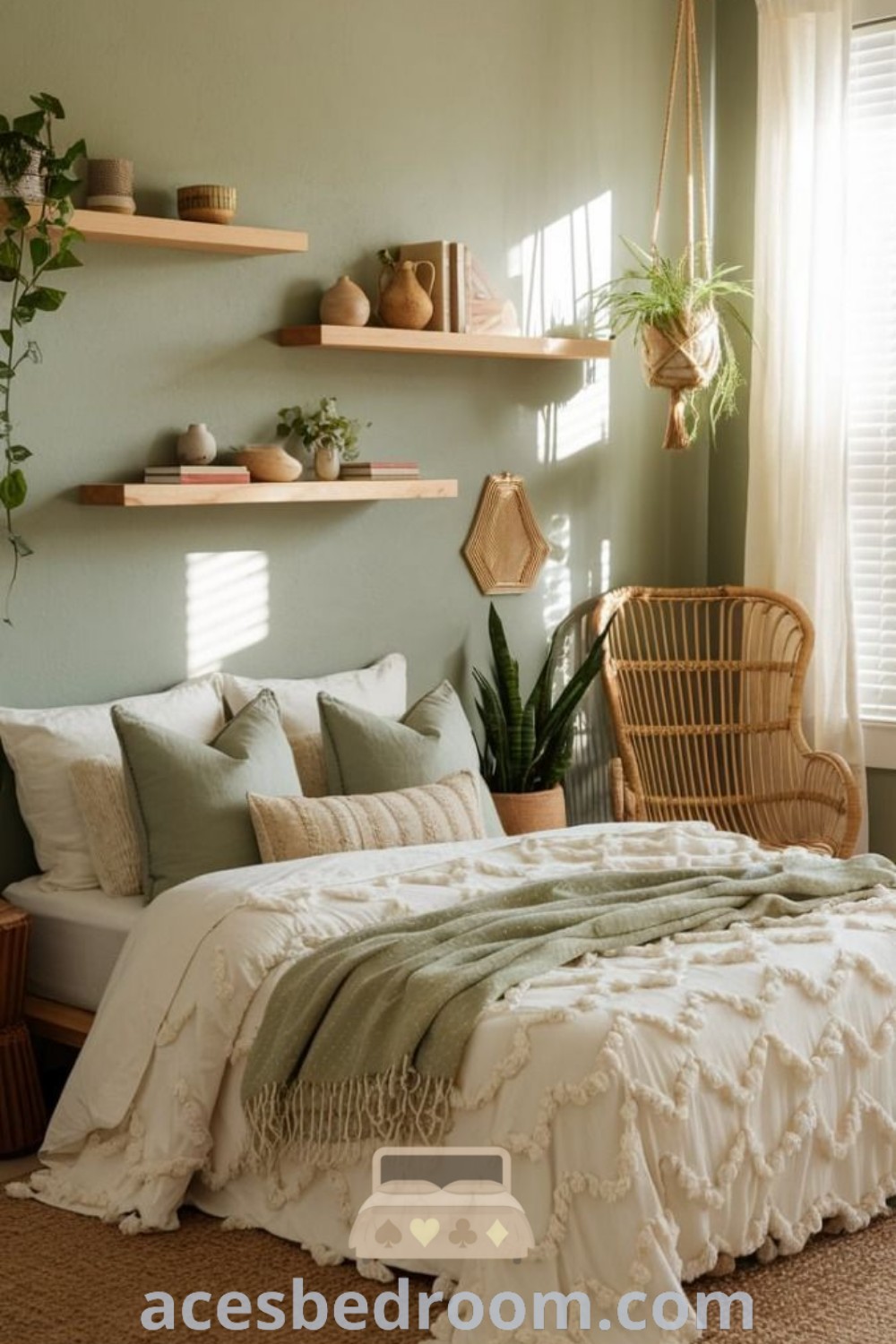 A cozy bedroom with a bed beside a window, surrounded by various plants, showcasing a sage green feature wall and trendy green bedding. This setup offers inspiring design ideas for a stylish and serene space. Perfect for bedrooms, it reflects cozy home aesthetics and unique decor ideas found at acesbedroom.com.