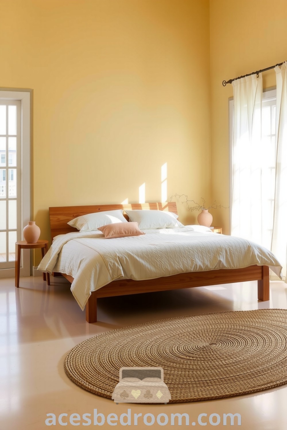Cozy Japandi bedroom with light yellow walls, low-profile oak bed, dark wooden nightstands, handmade ceramic lamps, braided jute rug, and sheer white curtains, combining warmth and simplicity for a tranquil space, showcased on acesbedroom.com.