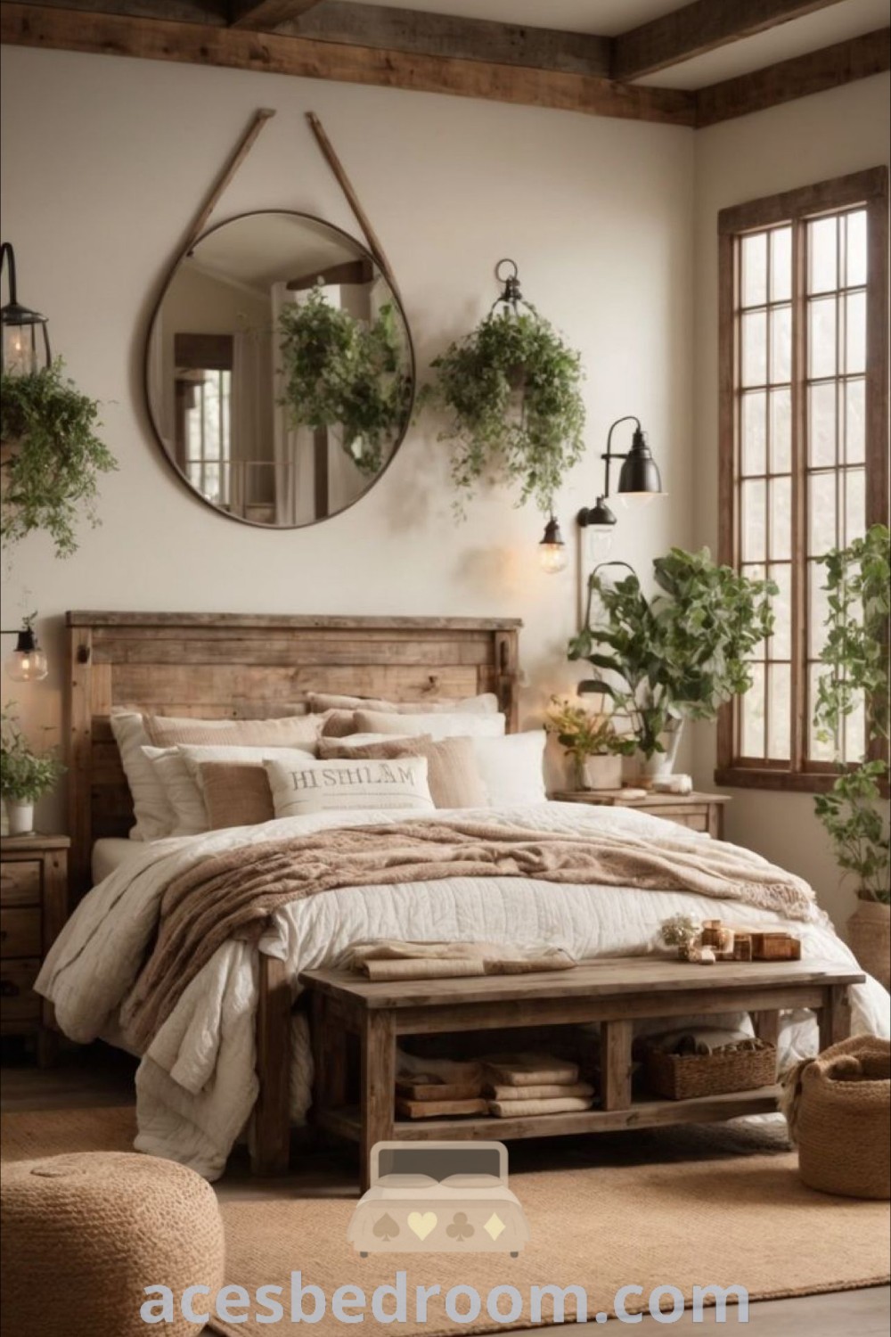 A cozy vintage decor bedroom with a bed, mirror, and plants on the wall, showcasing rustic farmhouse furniture and design ideas that inspire warmth and sophistication. Explore more unique ideas for a rustic bedroom at acesbedroom.com.