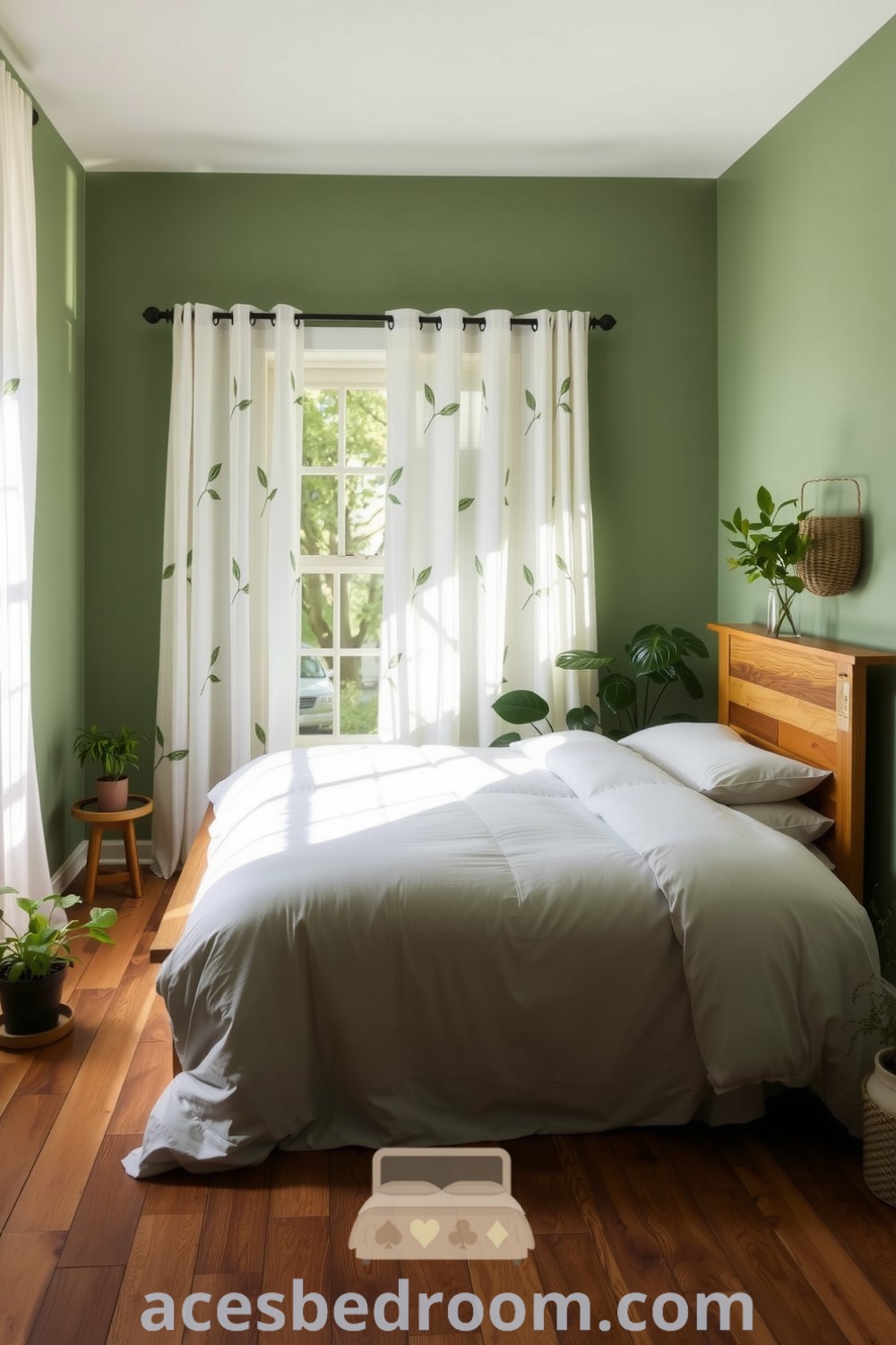 Cozy nature bedroom featuring soft earthy green walls, a handcrafted wooden bed, organic cotton duvet, and potted plants, illuminated by sunlight through leaf-patterned curtains and rustic oak flooring, presented on acesbedroom.com.