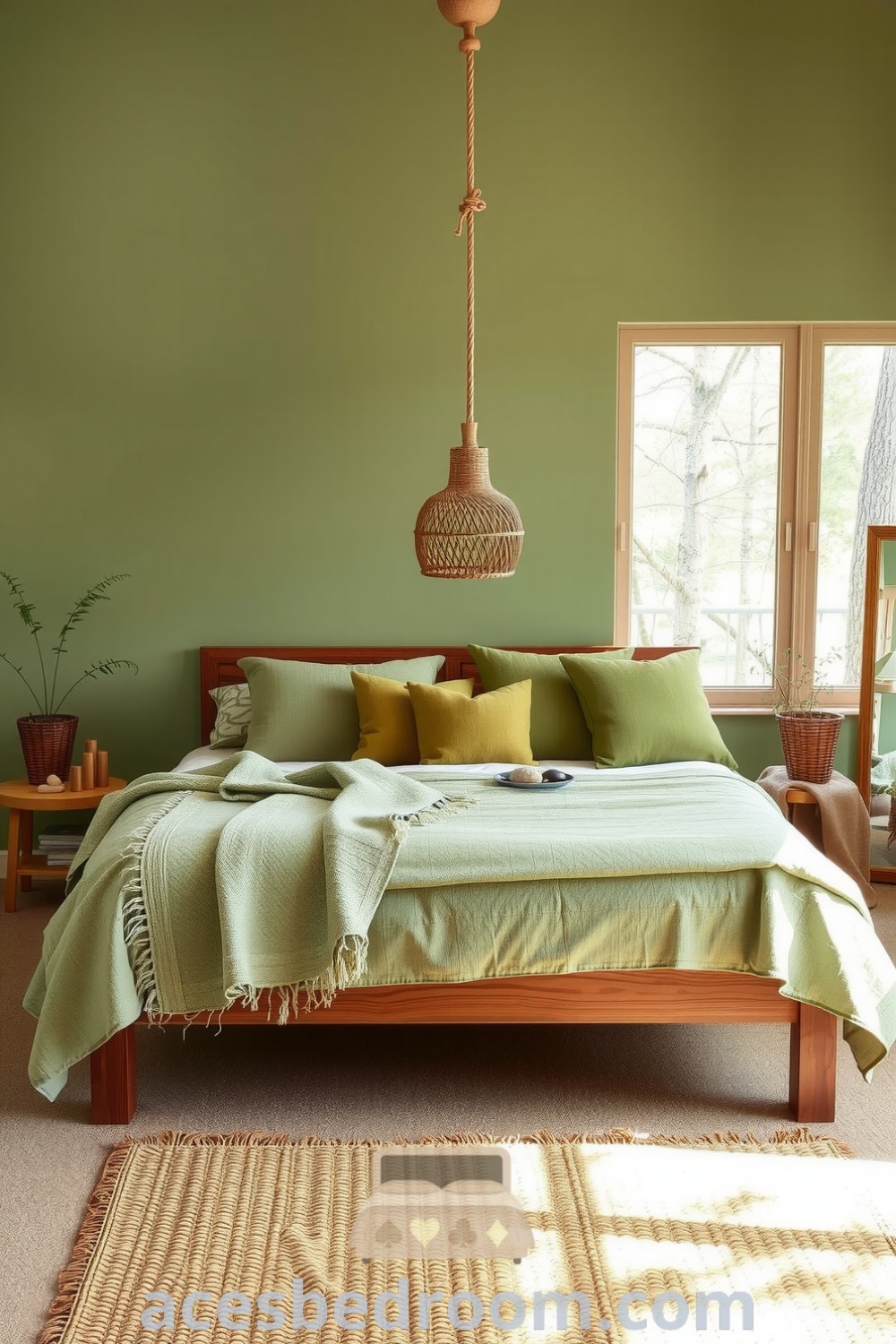 Cozy nature-inspired bedroom with a reclaimed timber bed, mossy textured blankets, wicker baskets with ferns, and natural light streaming through large windows, creating a tranquil atmosphere for relaxation, featured on acesbedroom.com.
