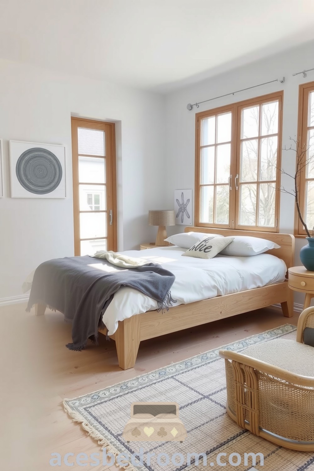 Cozy Scandinavian bedroom featuring pale wood floors, a low-profile light timber bed with white linens and a grey throw, handcrafted wooden furniture, large windows, textured wall art, and a cozy reading nook, showcased on acesbedroom.com.
