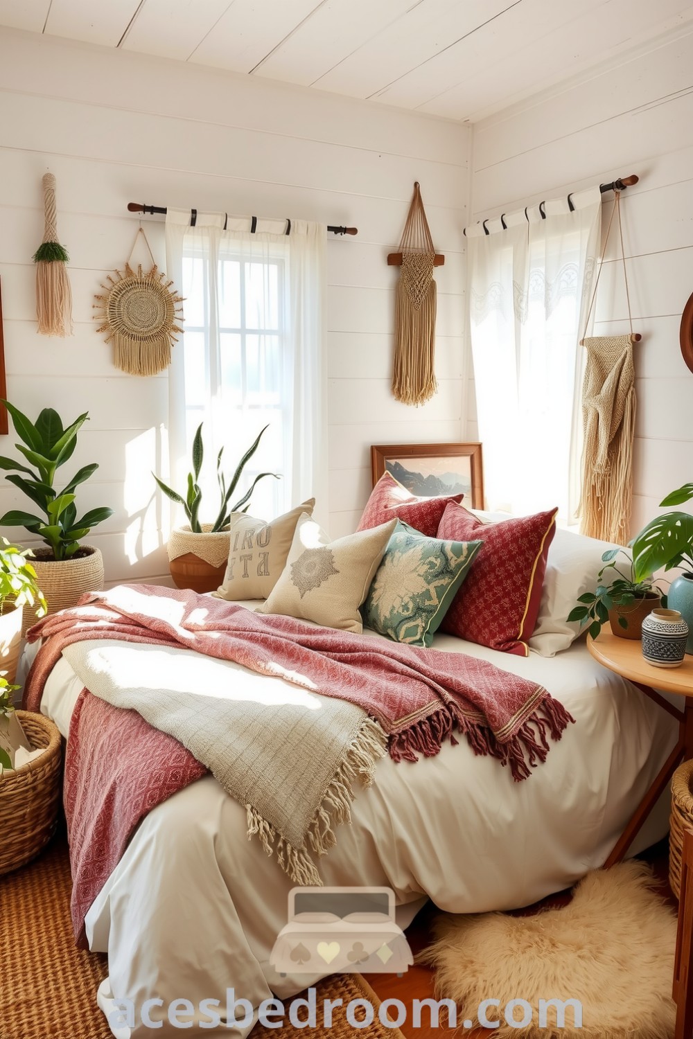 Cozy Boho bedroom featuring white-washed walls, layered bed with textured throws and patterned pillows, macramé wall hangings, potted plants, and warm sunlight streaming through sheer curtains, offering stylish decor ideas for a cozy home on acesbedroom.com.