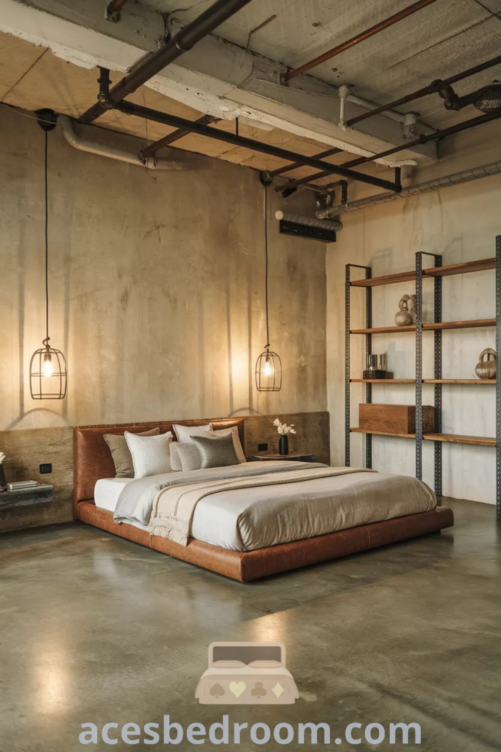 A polished concrete bedroom with exposed ceiling beams and industrial design, showcasing trendy decor ideas for a modern aesthetic. This unique space blends sophistication and cozy elements, offering inspiring ideas for your home. Explore more design inspirations for concrete interiors at acesbedroom.com.