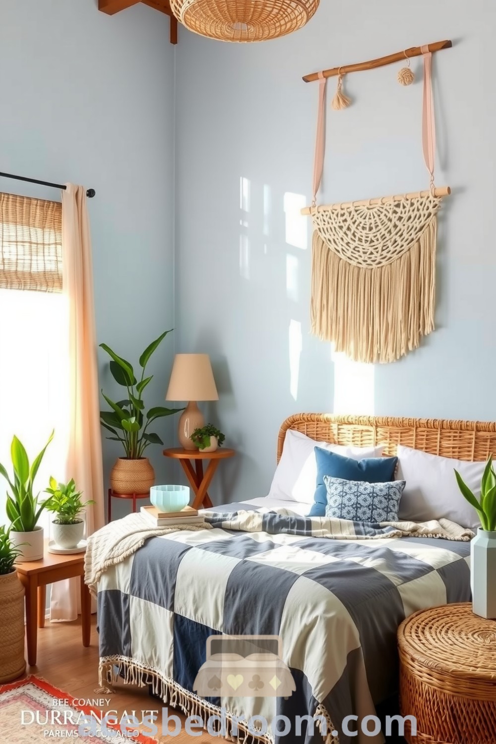 Cozy boho bedroom with soft blue walls, rattan headboard, patchwork quilt in muted colors, potted plants, and macramé wall hangings, creating a warm and tranquil space, featured on acesbedroom.com.