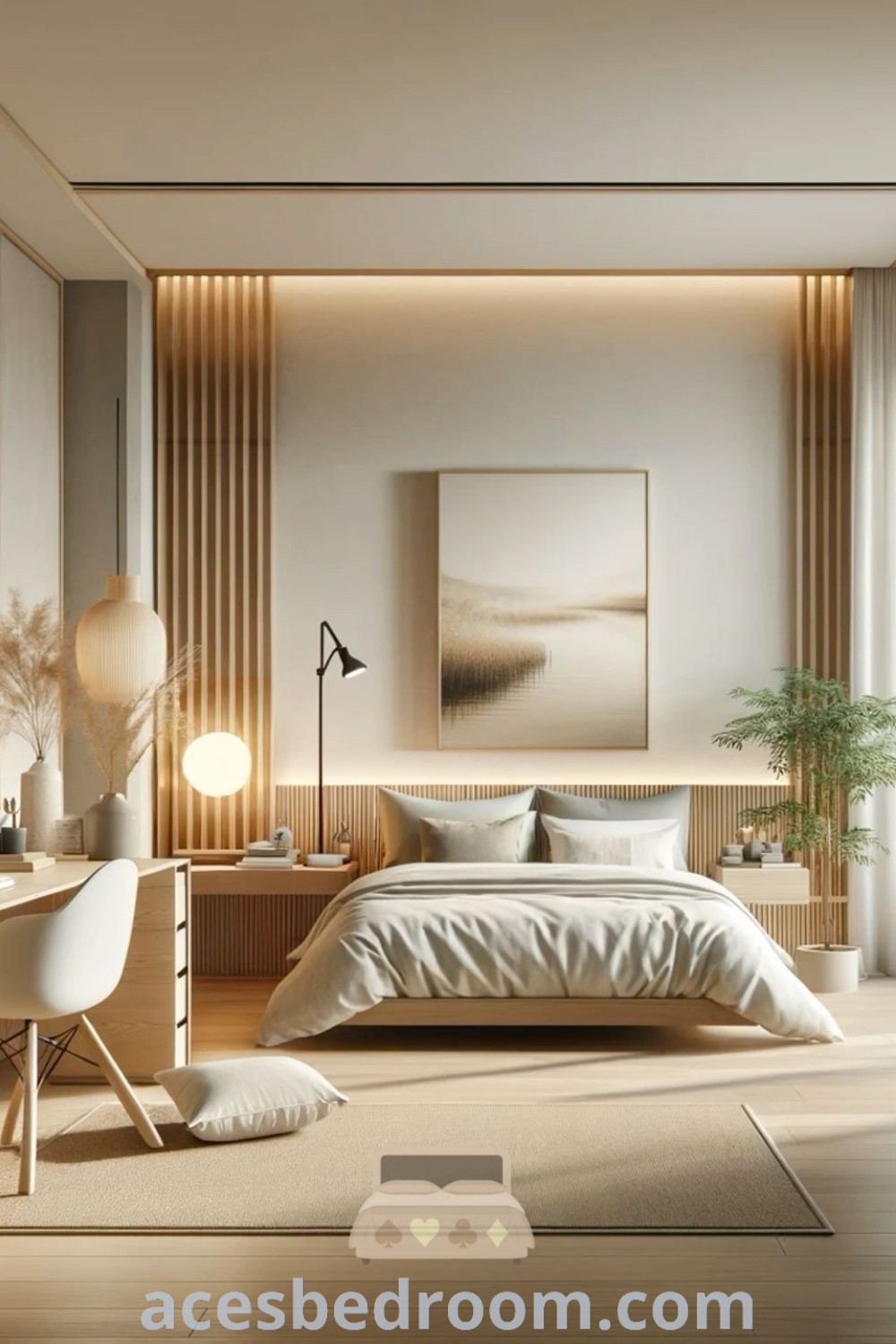 A serene Japandi guest bedroom featuring a cozy bed, desk, and two chairs next to a large window, perfect for a stylish guest bedroom and office combo. This design incorporates Bali and Japanese style inspirations, offering unique decor ideas that enhance comfort and elegance for your home. Discover more at acesbedroom.com.