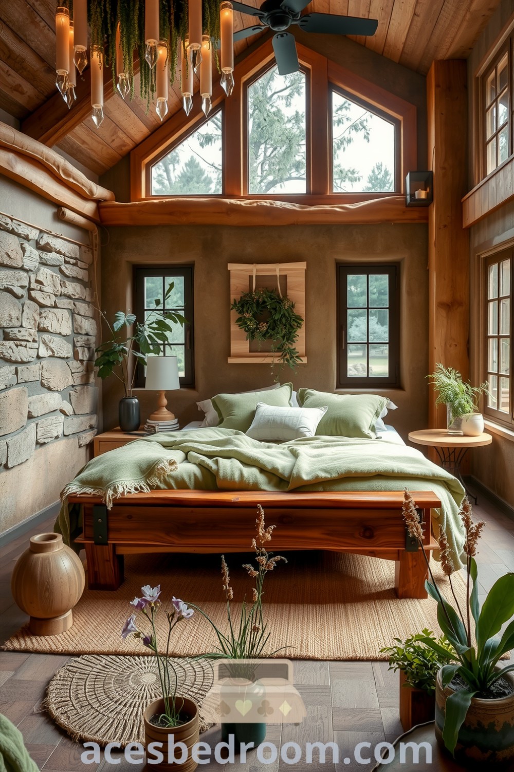 Cozy nature-inspired bedroom with warm earth tones, textured stone walls, reclaimed wood bed, soft moss-green blankets, and potted ferns, offering design ideas for a warm and sophisticated look, showcased on acesbedroom.com.